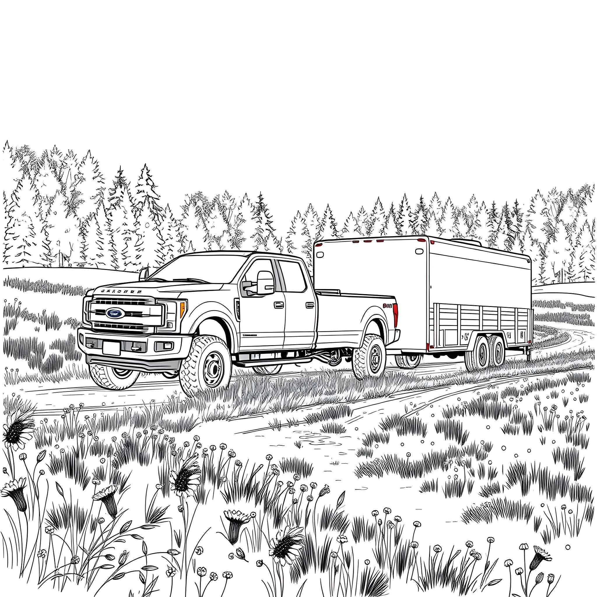Pickup truck hauling trailer through scenic countryside Coloring Page (free black-and-white line drawing printable PDF for all, from beginners to advanced learners, including children, teens, adults, and seniors)