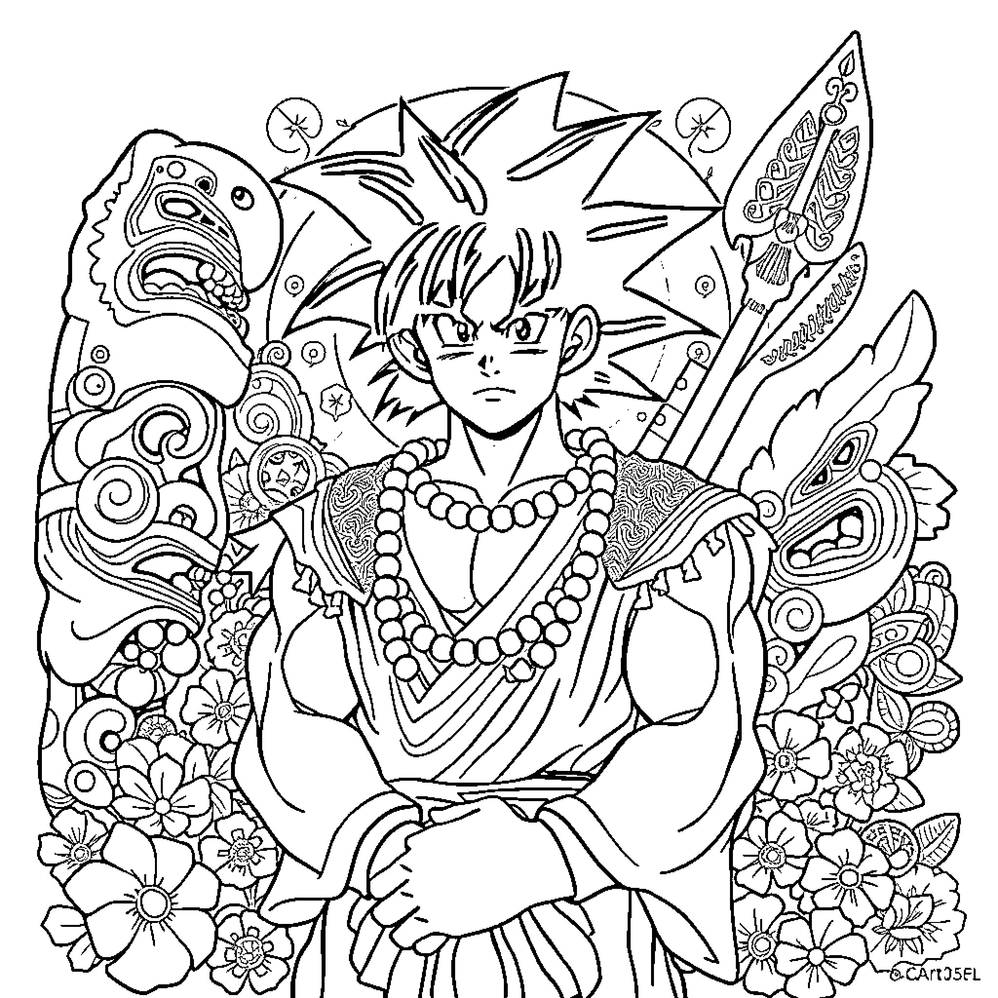 Goku's Heroic Stance in a Vibrant Floral Scene Coloring Page (free black-and-white line drawing printable PDF for all, from beginners to advanced learners, including children, teens, adults, and seniors)