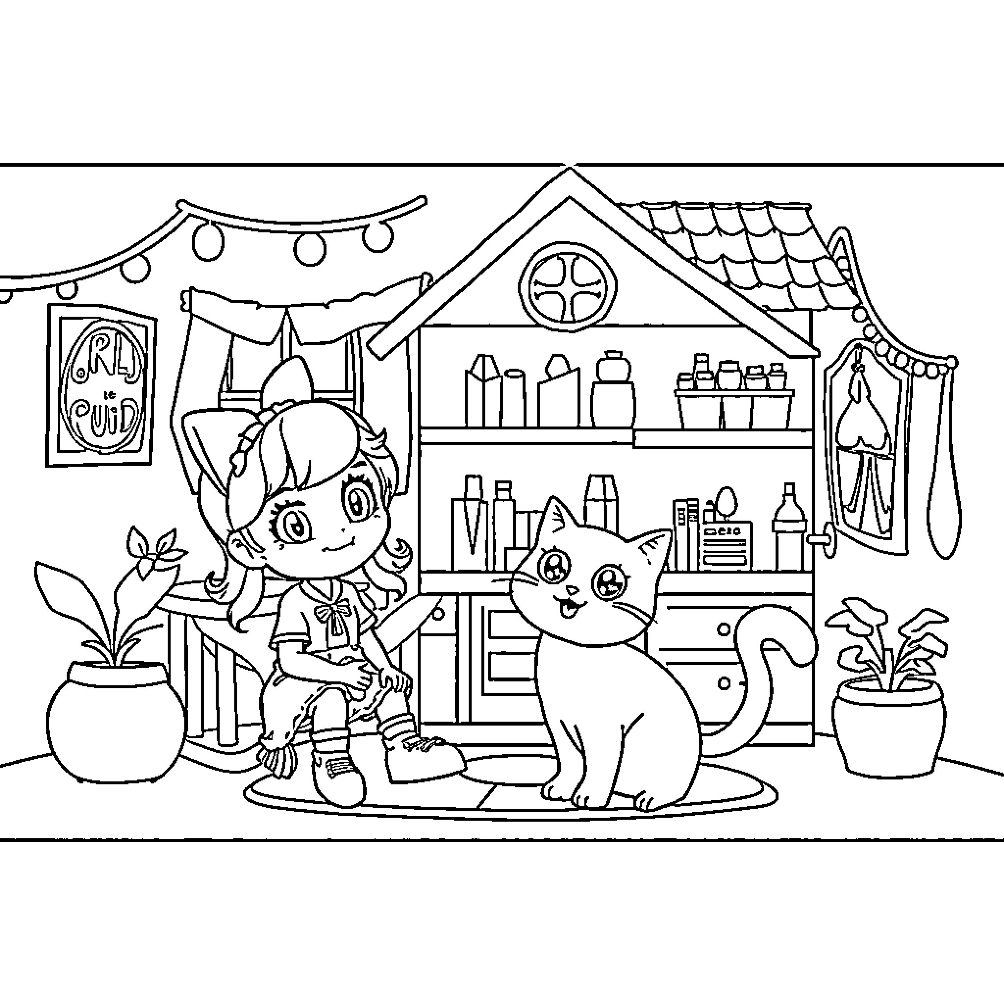 Gabby's Dollhouse: Girl and cat playing in cozy home Coloring Page (free black-and-white line drawing printable PDF for all, from beginners to advanced learners, including children, teens, adults, and seniors)