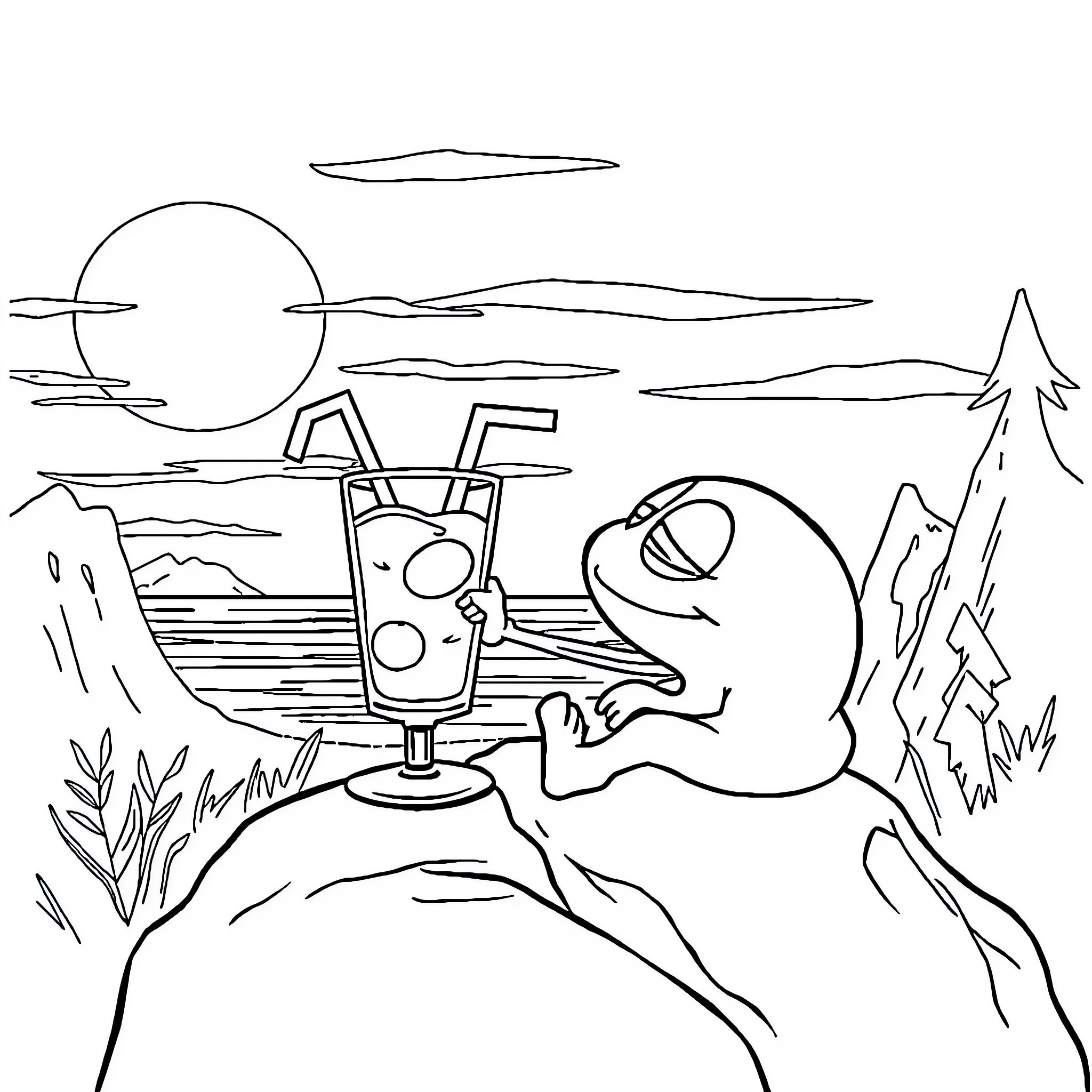 Slime creature enjoying a beverage in a serene landscape Coloring Page (free black-and-white line drawing printable PDF for all, from beginners to advanced learners, including children, teens, adults, and seniors)