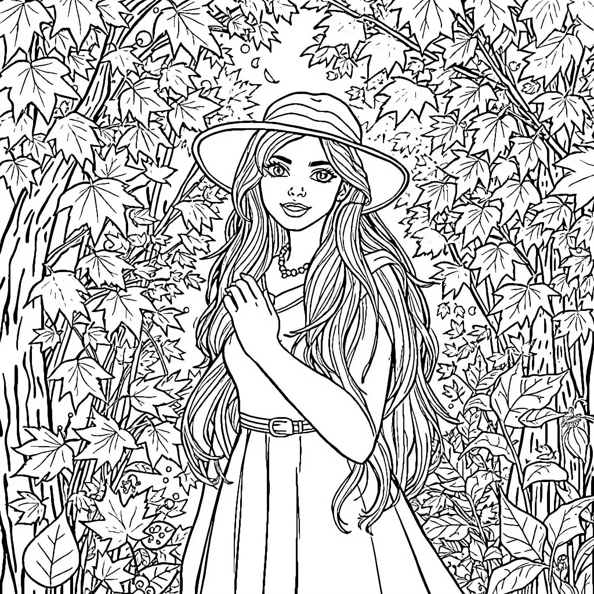 Rapunzel in a lush forest Coloring Page (free black-and-white line drawing printable PDF for all, from beginners to advanced learners, including children, teens, adults, and seniors)