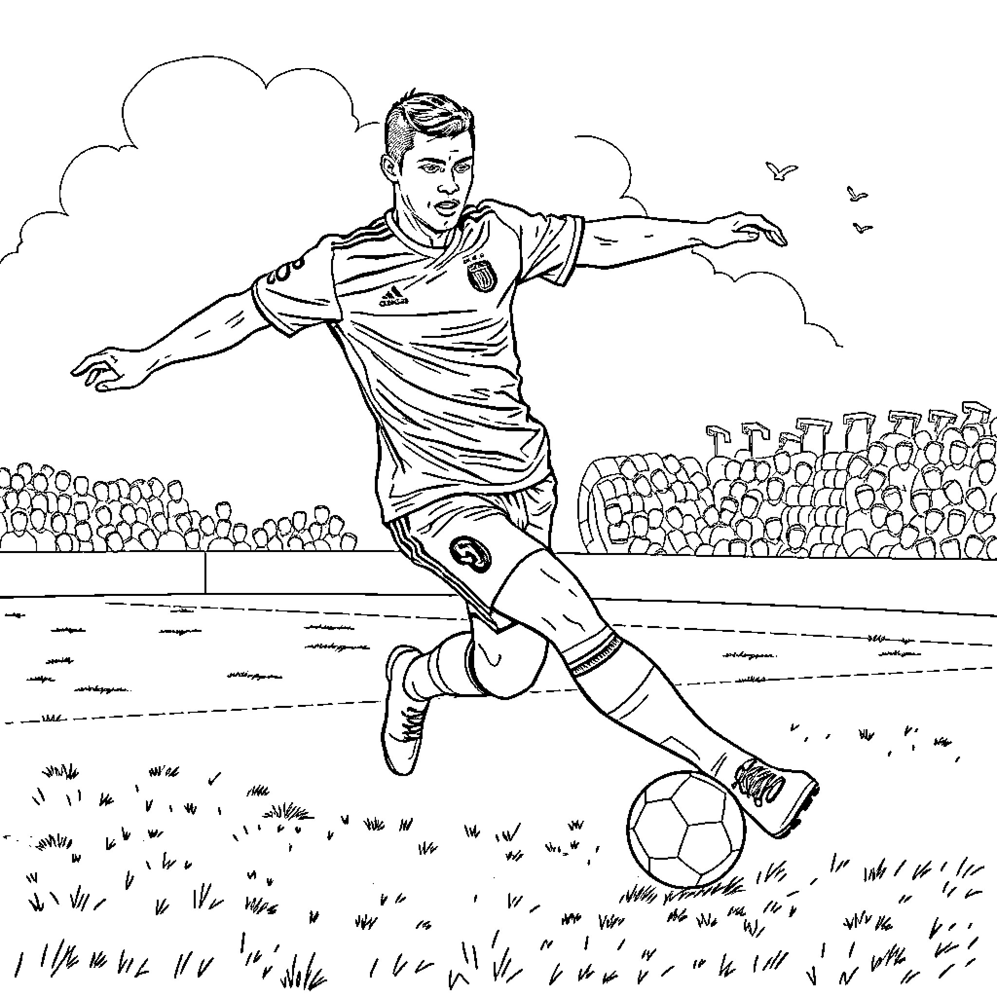 Ronaldo's Energetic Soccer Celebration Coloring Page (free black-and-white line drawing printable PDF for all, from beginners to advanced learners, including children, teens, adults, and seniors)
