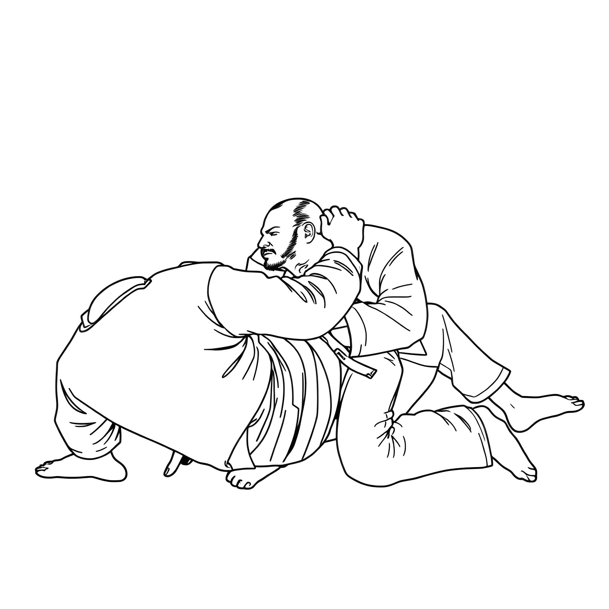 Jiu Jitsu competitors grappling intensely Coloring Page (free black-and-white line drawing printable PDF for all, from beginners to advanced learners, including children, teens, adults, and seniors)