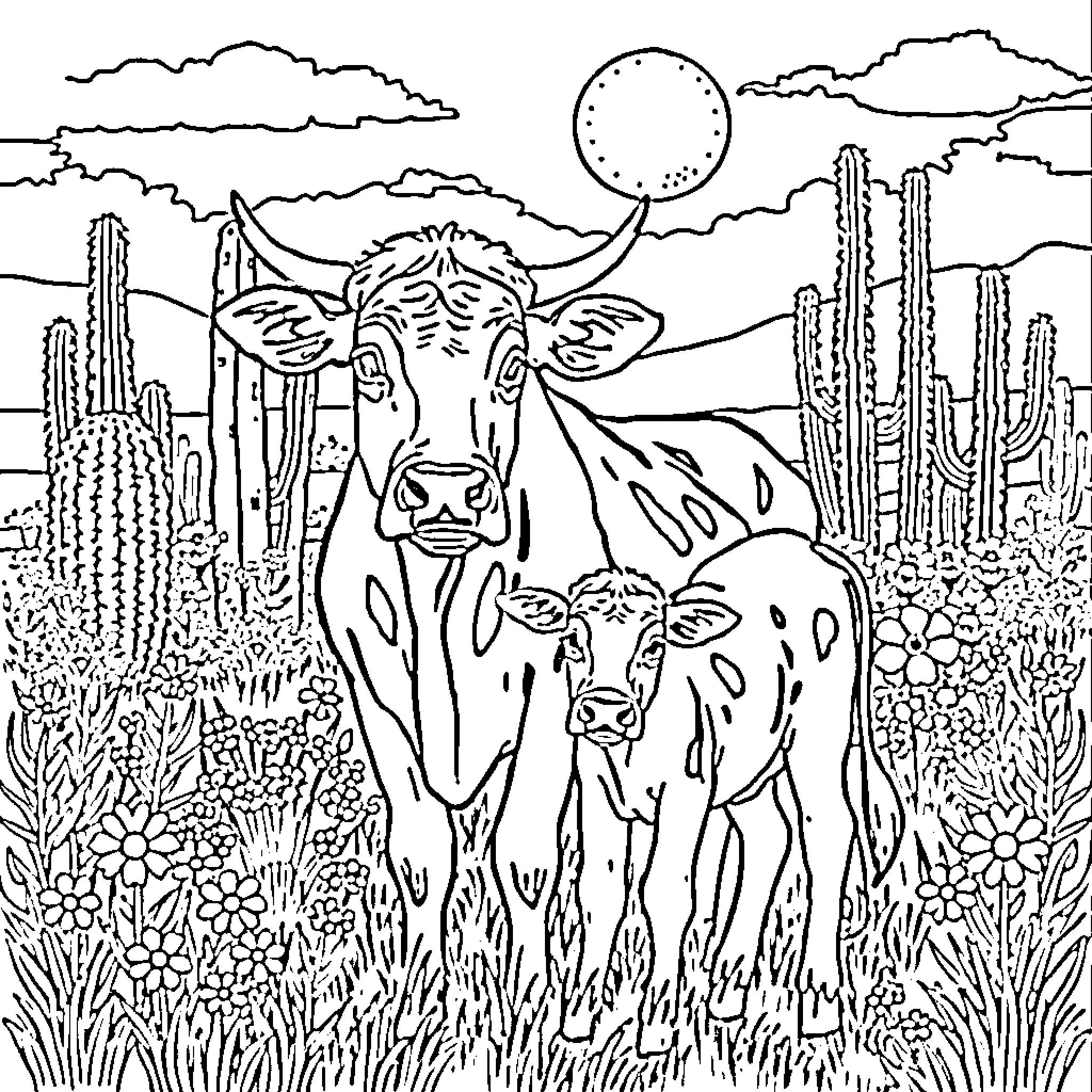 Cow in Desert Landscape with Calf Coloring Page (free black-and-white line drawing printable PDF for all, from beginners to advanced learners, including children, teens, adults, and seniors)