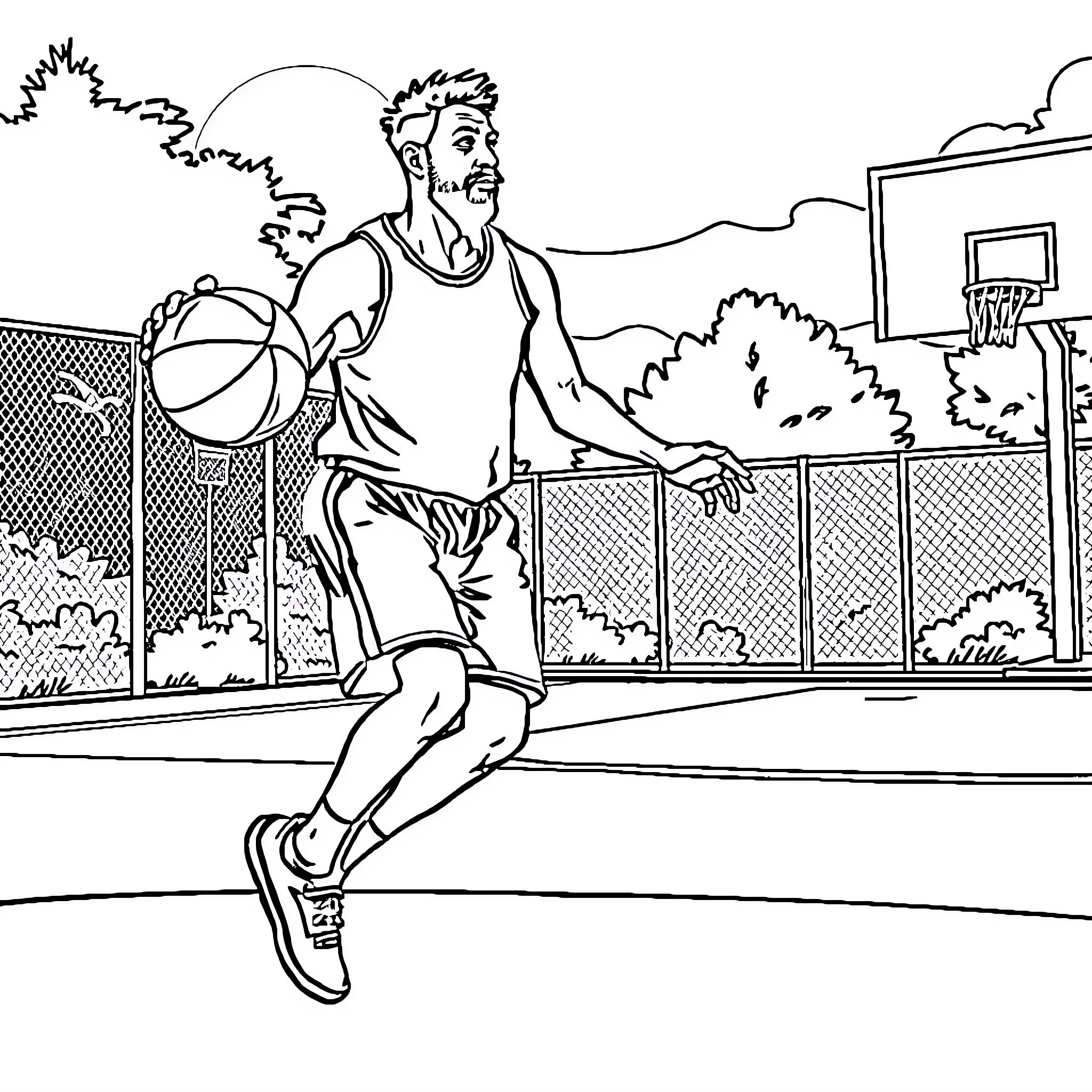Barman playing basketball on the court Coloring Page (free black-and-white line drawing printable PDF for all, from beginners to advanced learners, including children, teens, adults, and seniors)