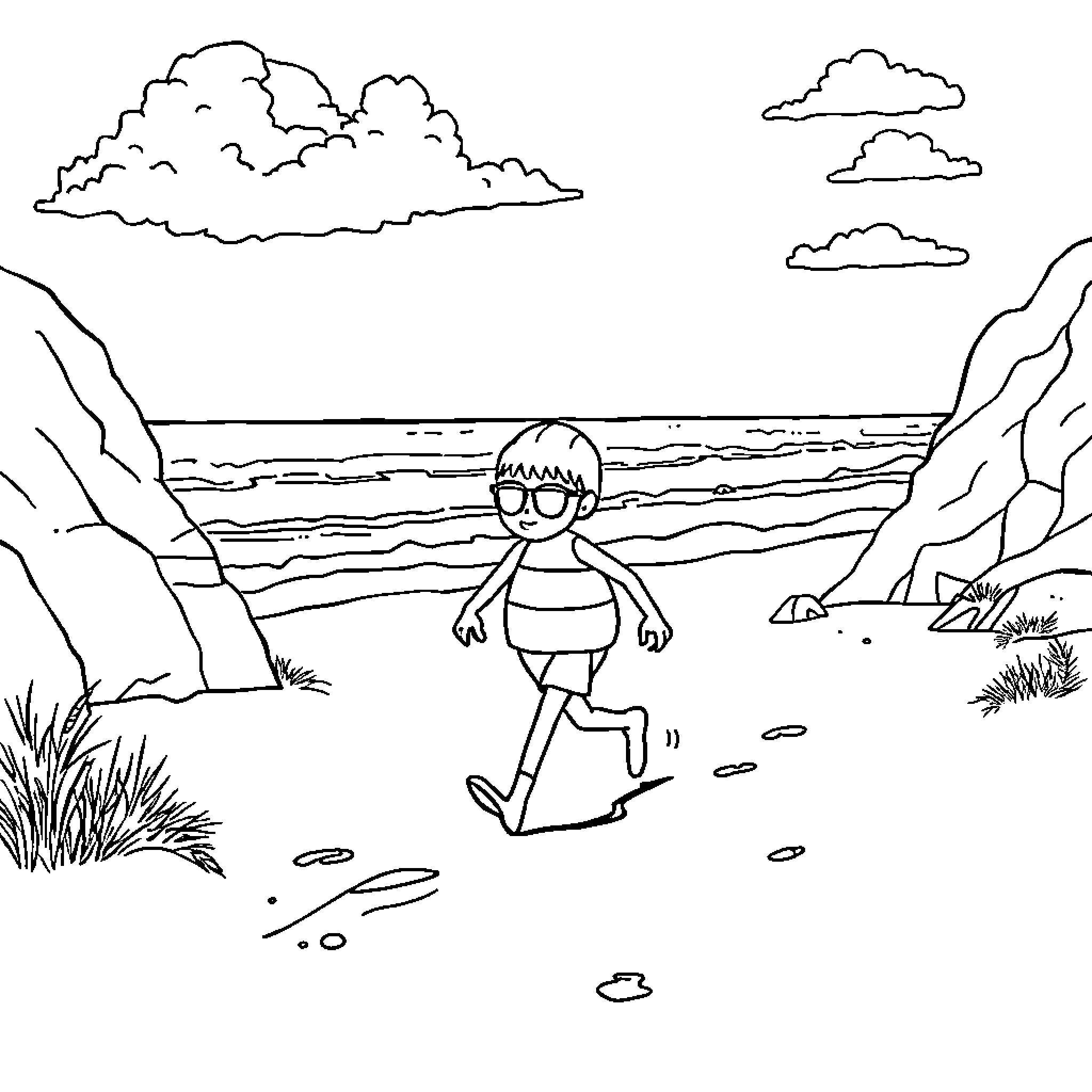 Labubu enjoys hiking in the great outdoors Coloring Page (free black-and-white line drawing printable PDF for all, from beginners to advanced learners, including children, teens, adults, and seniors)