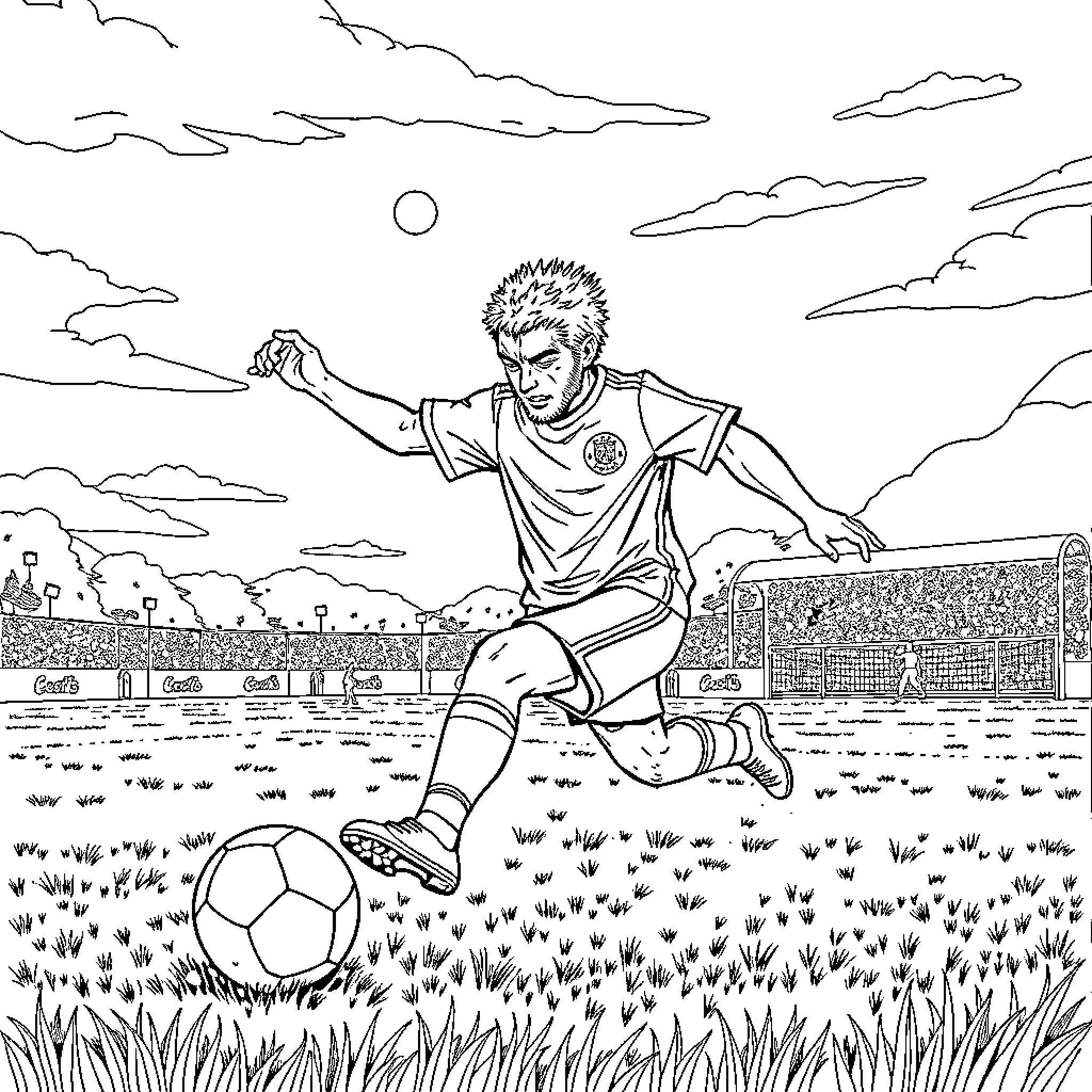 Tarantula soccer player kicking ball on field Coloring Page (free black-and-white line drawing printable PDF for all, from beginners to advanced learners, including children, teens, adults, and seniors)