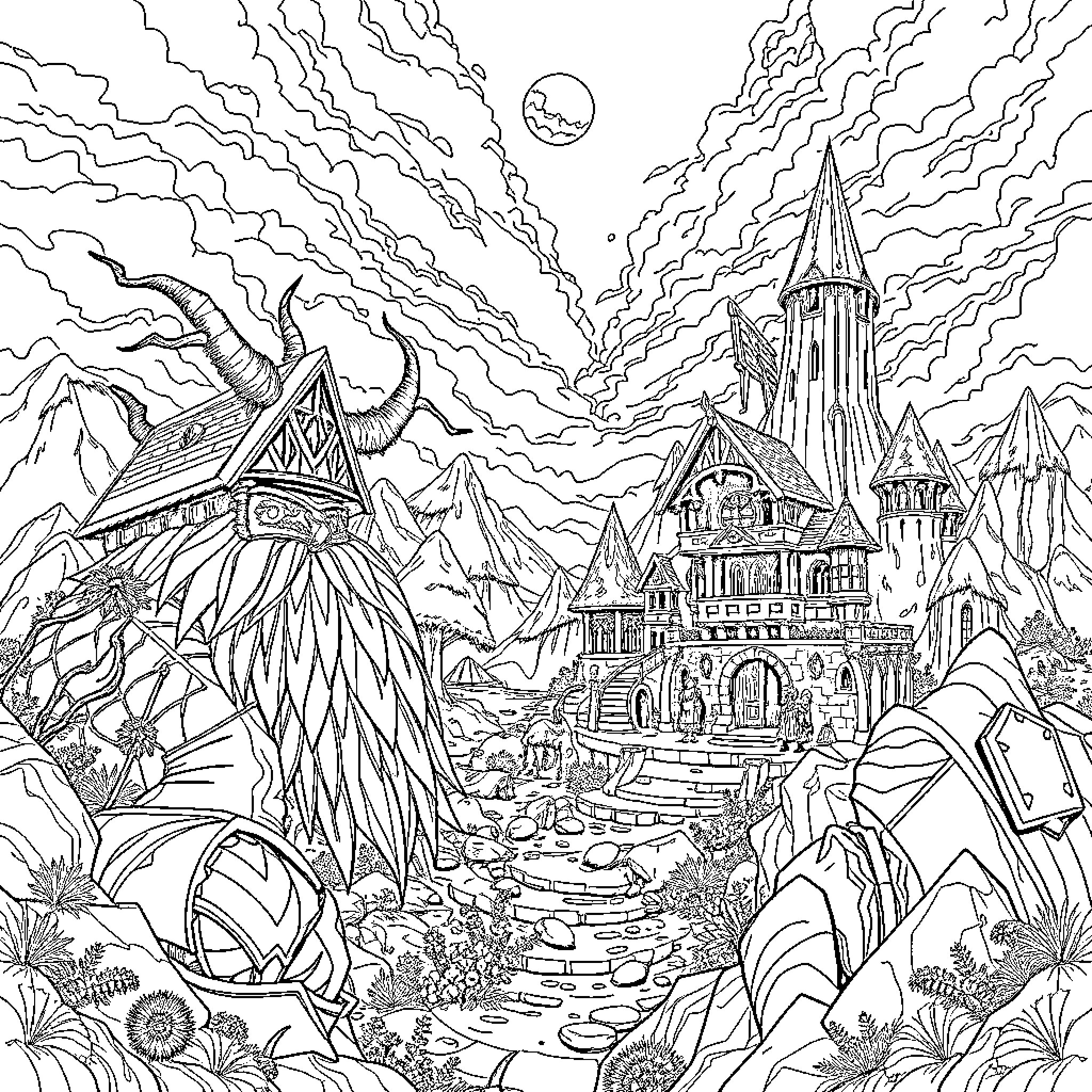 World of Warcraft: Mystical Castle in Fantastical Landscape Coloring Page (free black-and-white line drawing printable PDF for all, from beginners to advanced learners, including children, teens, adults, and seniors)