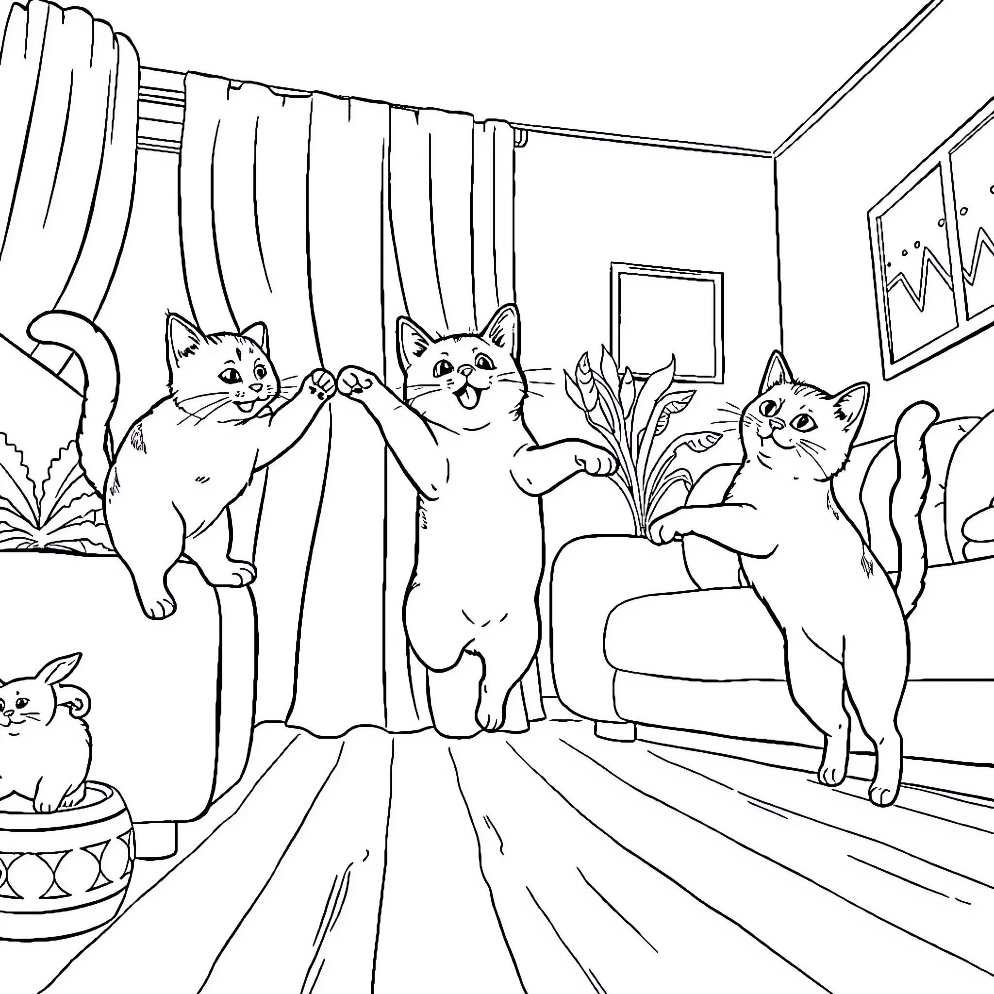 Cats at Home in a Cozy Room Coloring Page (free black-and-white line drawing printable PDF for all, from beginners to advanced learners, including children, teens, adults, and seniors)