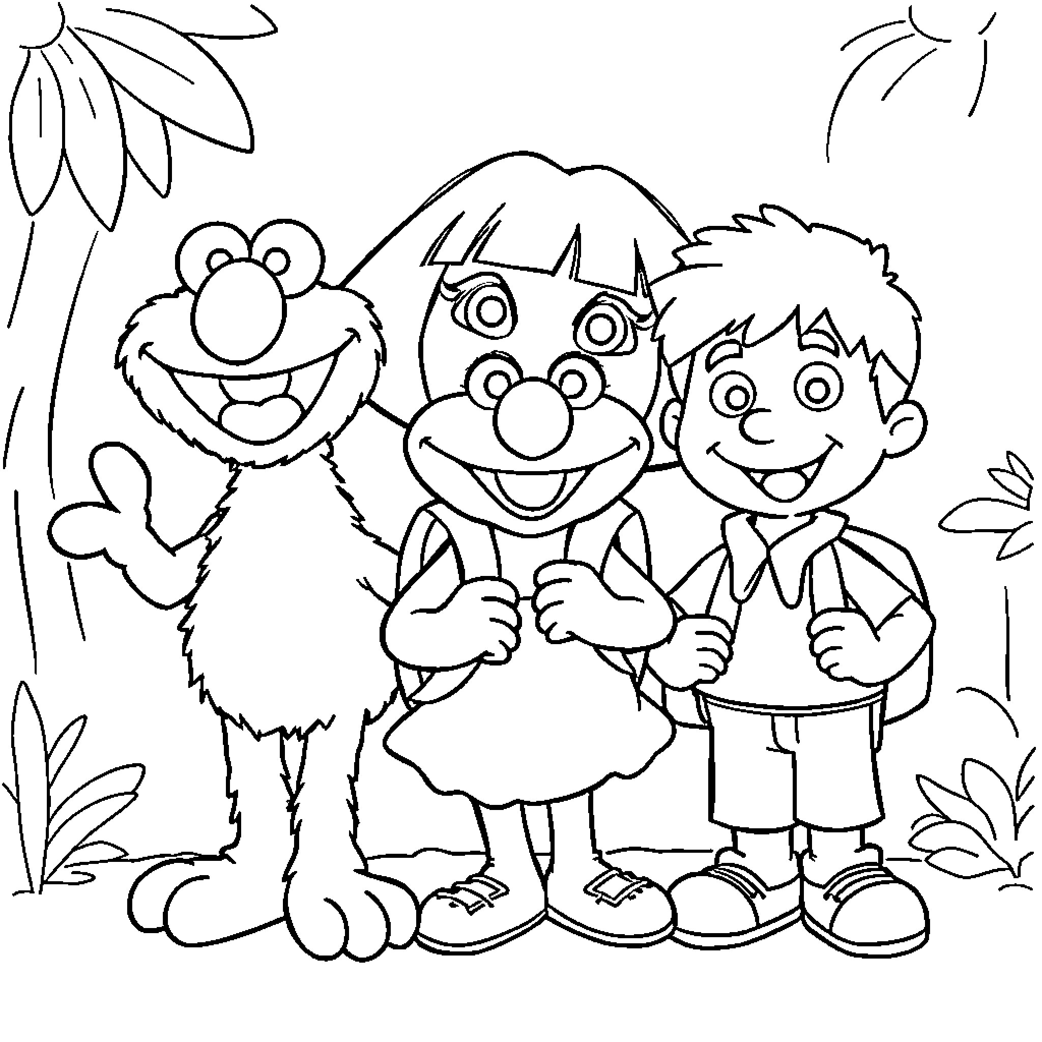 Elmo and friends enjoying outdoor adventure Coloring Page (free black-and-white line drawing printable PDF for all, from beginners to advanced learners, including children, teens, adults, and seniors)