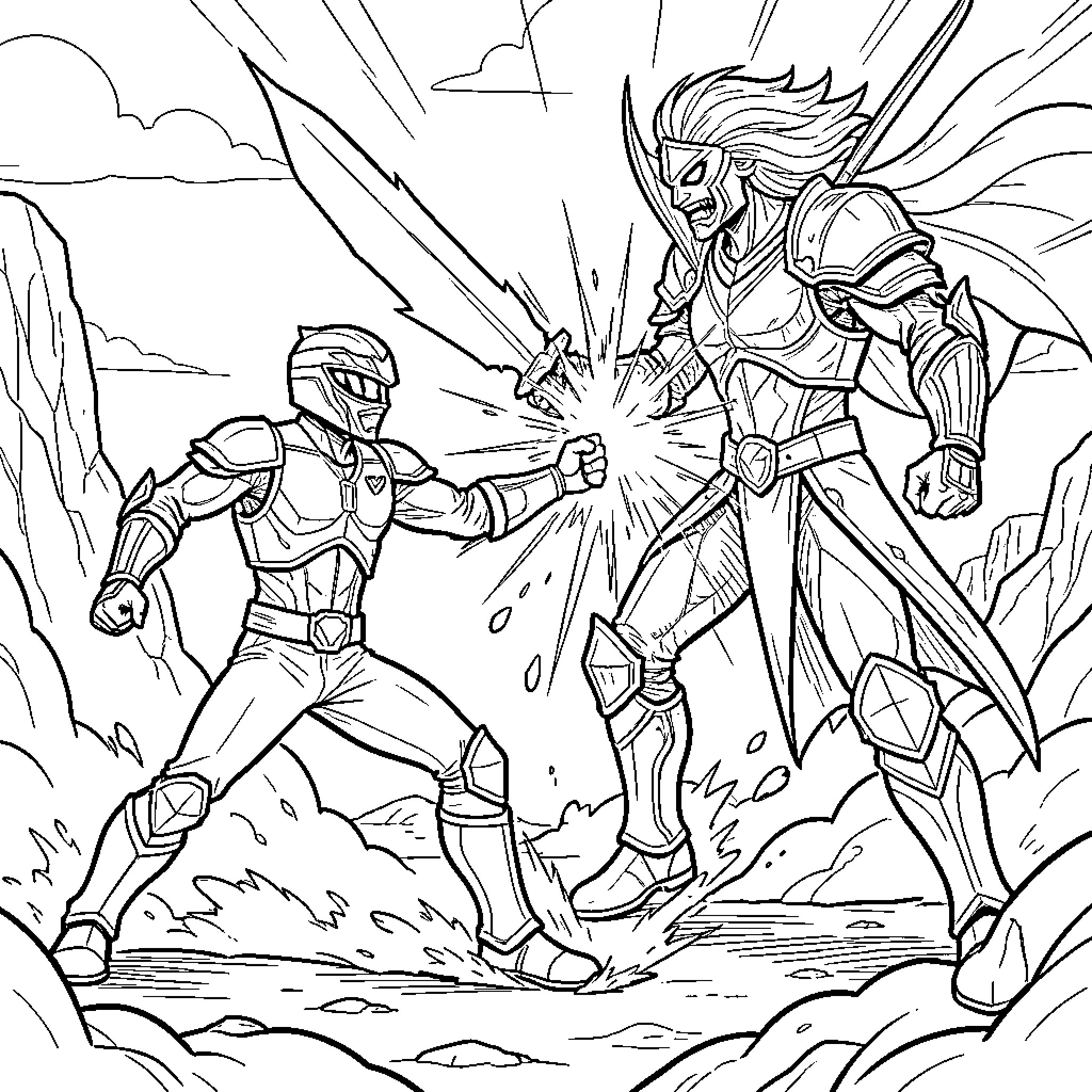 Powerranger fighting a powerful warrior with a sword Coloring Page (free black-and-white line drawing printable PDF for all, from beginners to advanced learners, including children, teens, adults, and seniors)