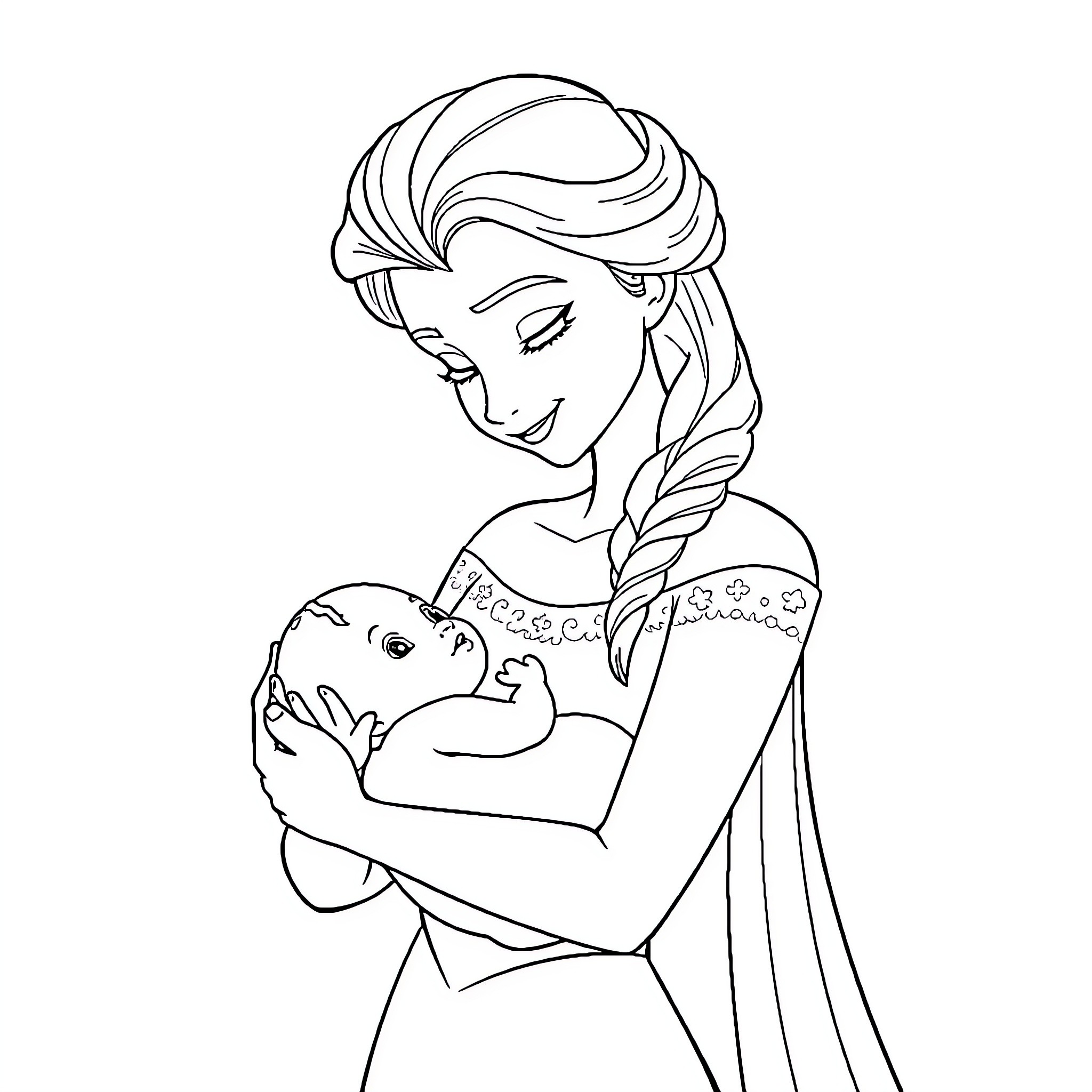 Elsa holding and caring for a baby Coloring Page (free black-and-white line drawing printable PDF for all, from beginners to advanced learners, including children, teens, adults, and seniors)