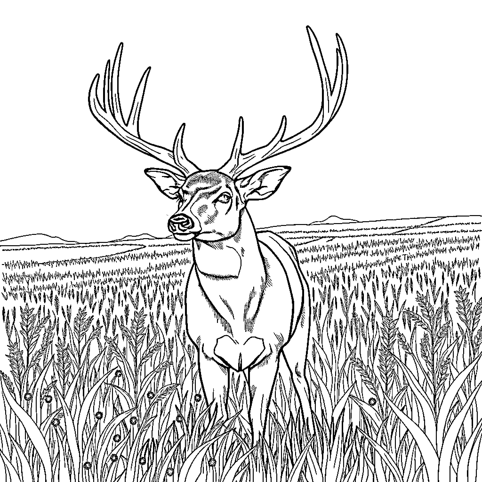 Buck Amid Tall Grass in Wilderness Coloring Page (free black-and-white line drawing printable PDF for all, from beginners to advanced learners, including children, teens, adults, and seniors)