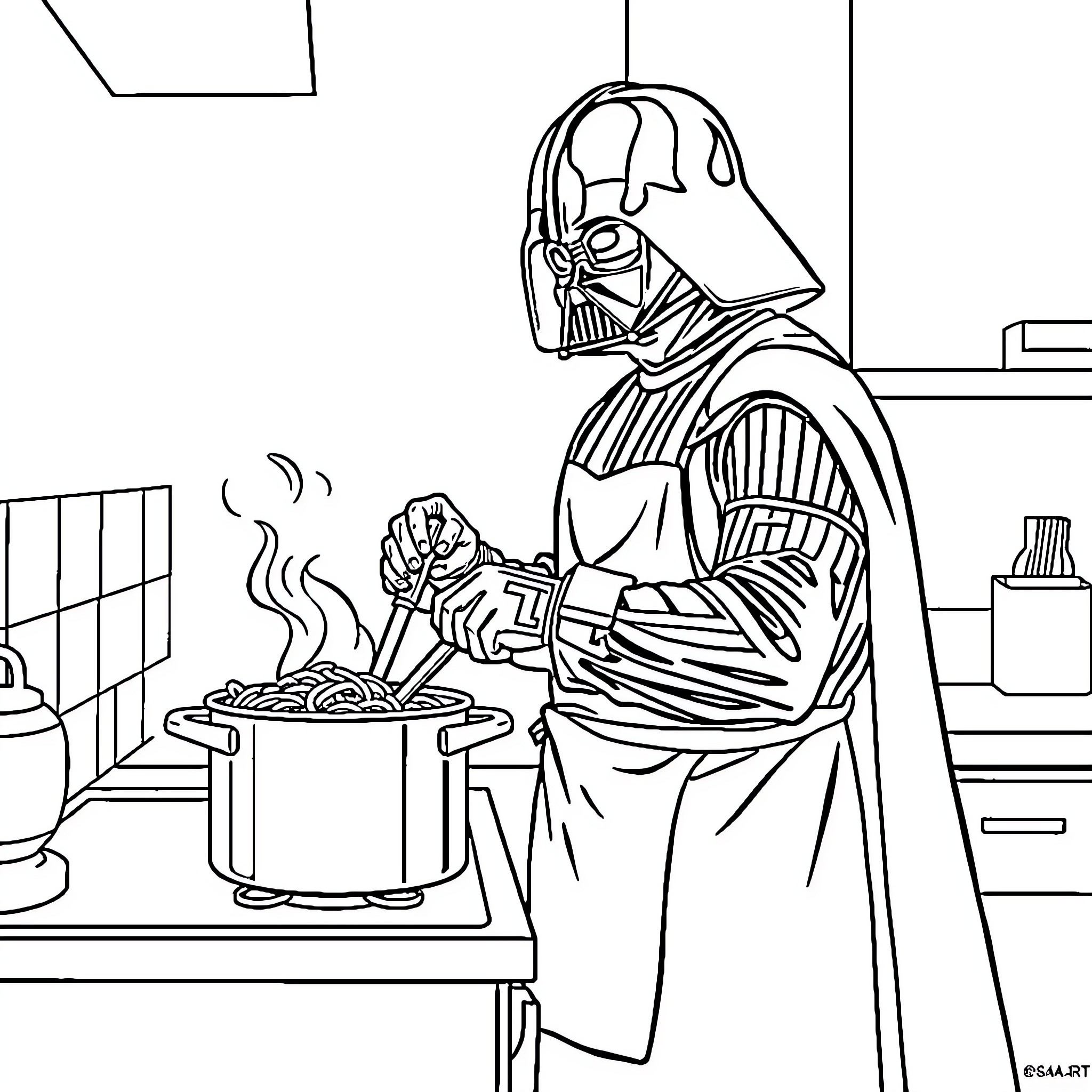Darth Vader cooking a meal in the kitchen Coloring Page (free black-and-white line drawing printable PDF for all, from beginners to advanced learners, including children, teens, adults, and seniors)
