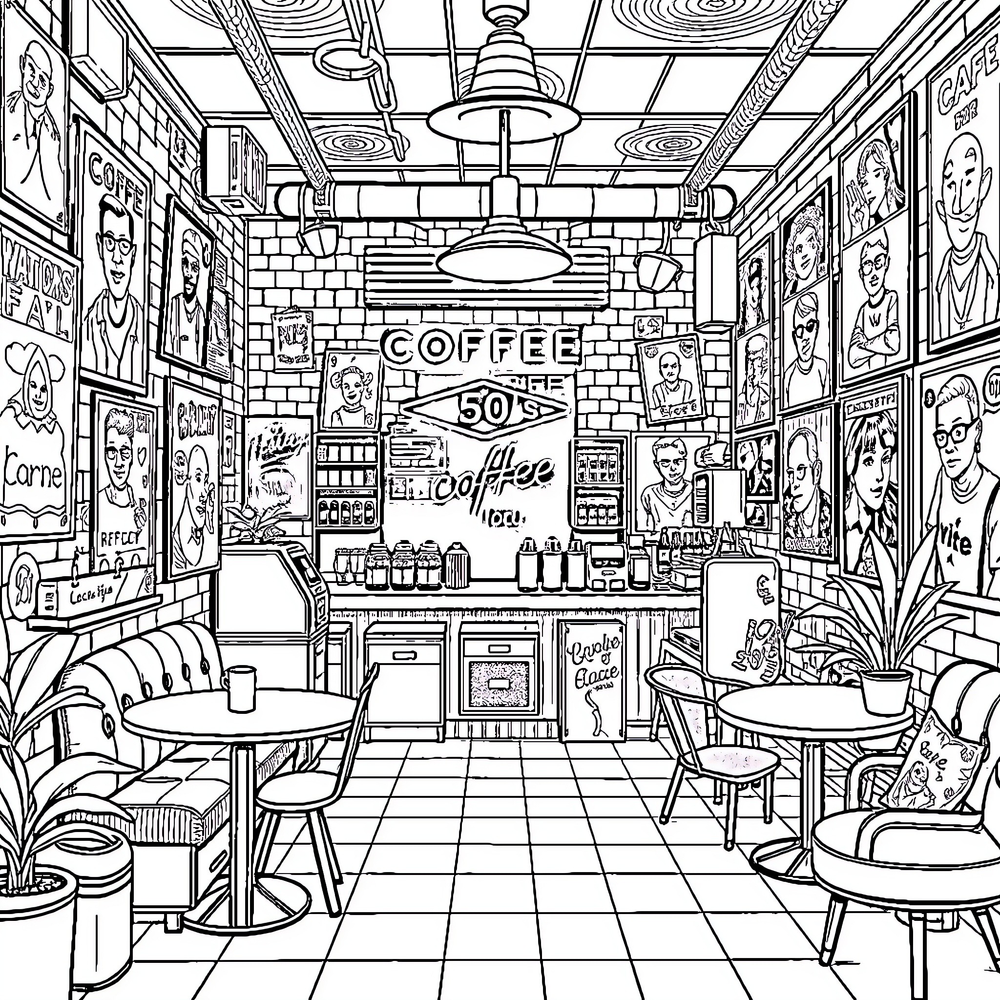 Coffee Shop with Artistic Interior and Lively Atmosphere Coloring Page (free black-and-white line drawing printable PDF for all, from beginners to advanced learners, including children, teens, adults, and seniors)