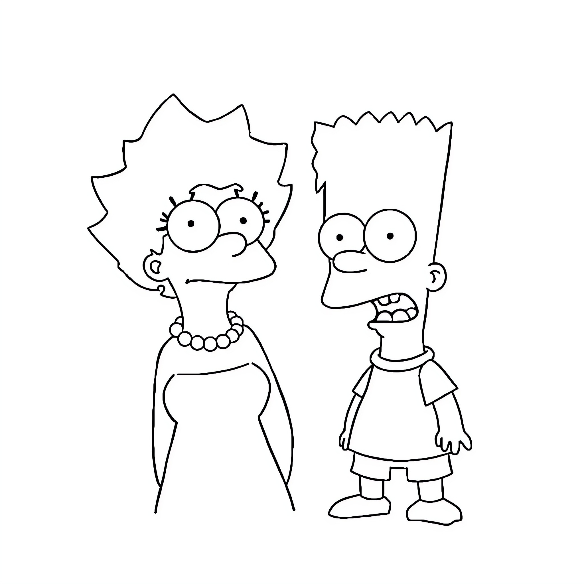 Marge and Bart Simpson in their iconic cartoon style Coloring Page (free black-and-white line drawing printable PDF for all, from beginners to advanced learners, including children, teens, adults, and seniors)