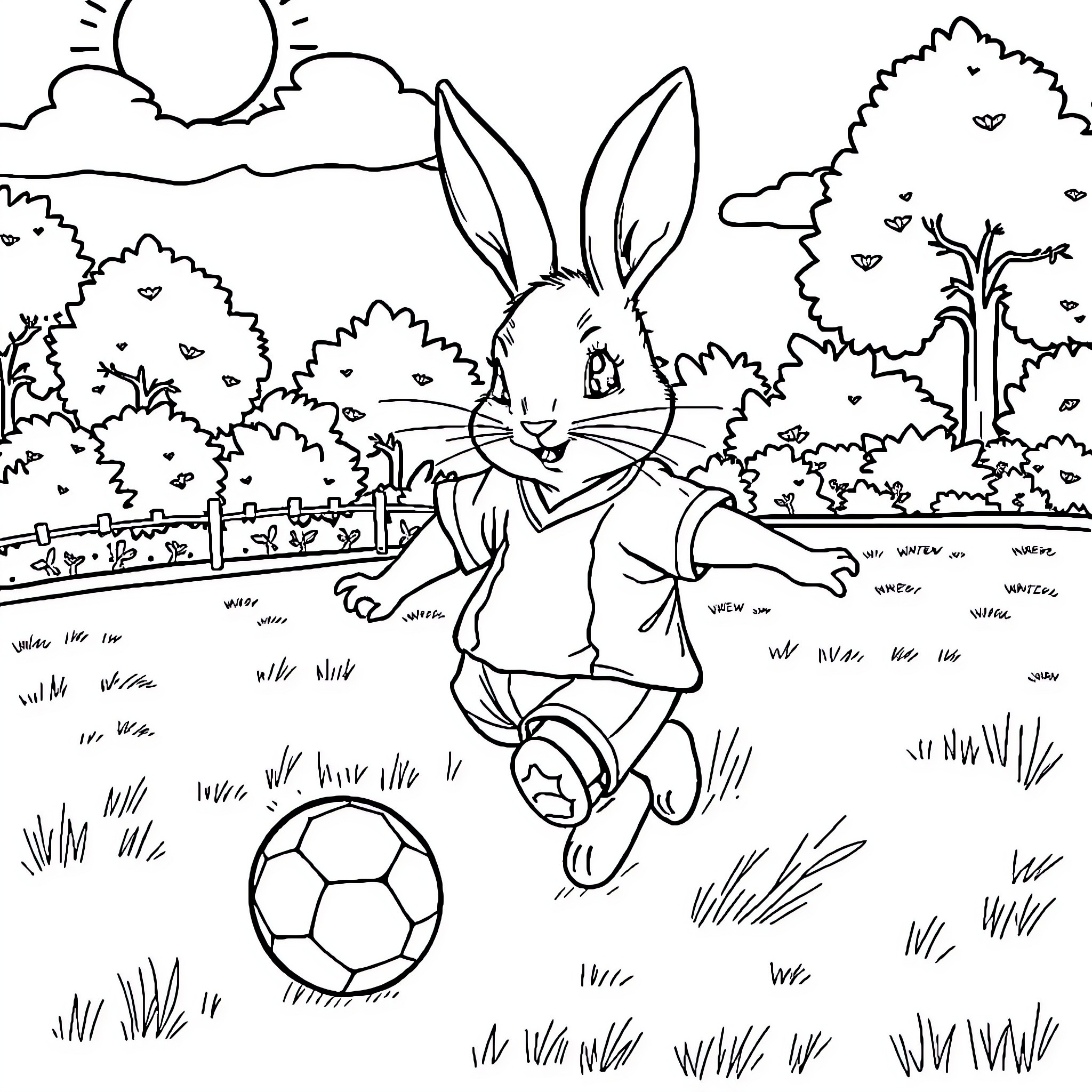 Peter Rabbit playing soccer in the countryside Coloring Page (free black-and-white line drawing printable PDF for all, from beginners to advanced learners, including children, teens, adults, and seniors)