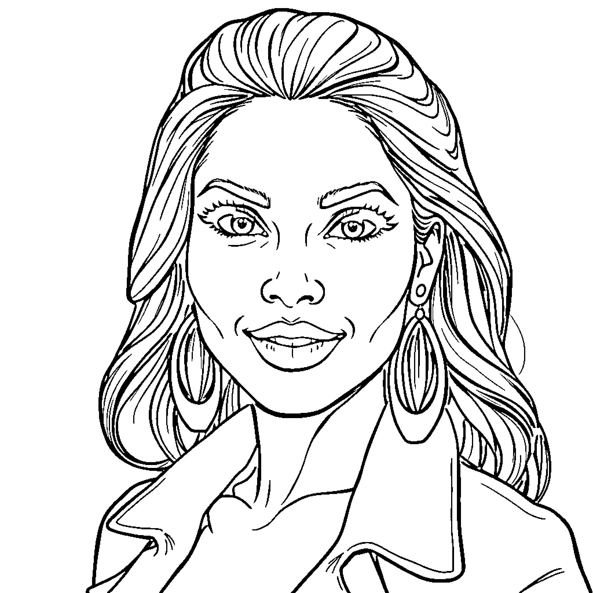 Latina woman with stylish attire and confident expression Coloring Page (free black-and-white line drawing printable PDF for all, from beginners to advanced learners, including children, teens, adults, and seniors)