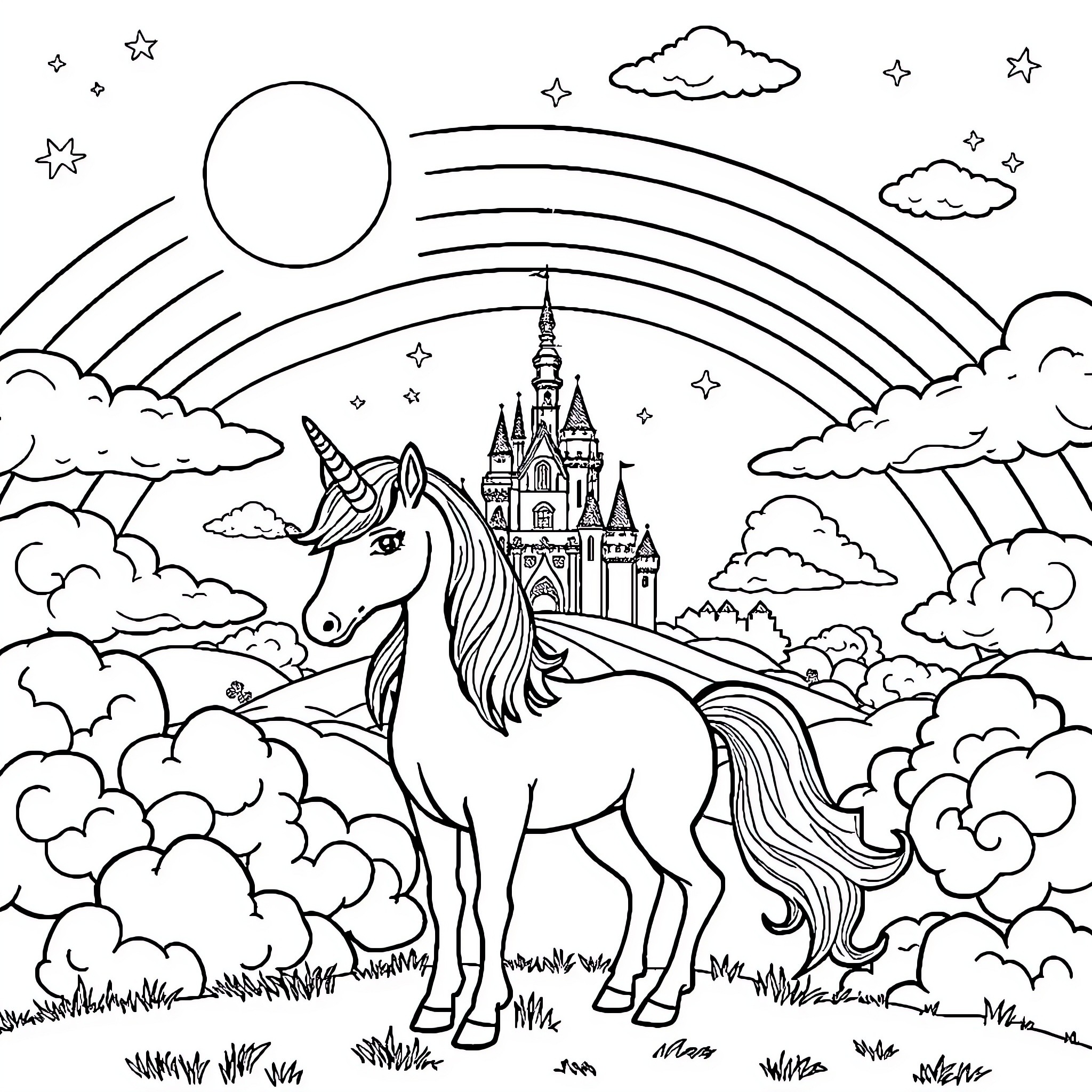 Unicorn exploring a magical castle kingdom Coloring Page (free black-and-white line drawing printable PDF for all, from beginners to advanced learners, including children, teens, adults, and seniors)