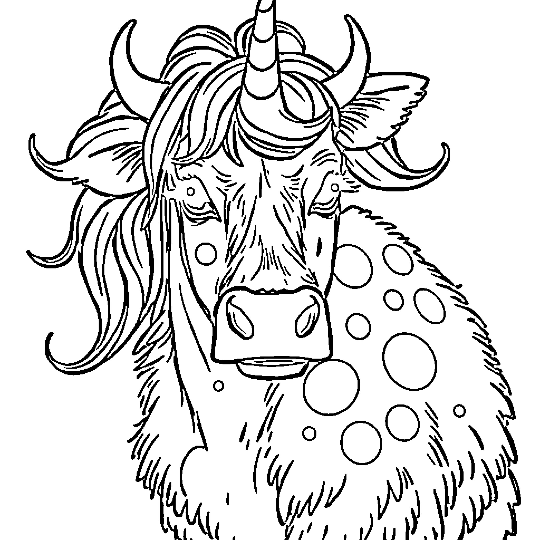 Unicorn with expressive features and patterned fur Coloring Page (free black-and-white line drawing printable PDF for all, from beginners to advanced learners, including children, teens, adults, and seniors)