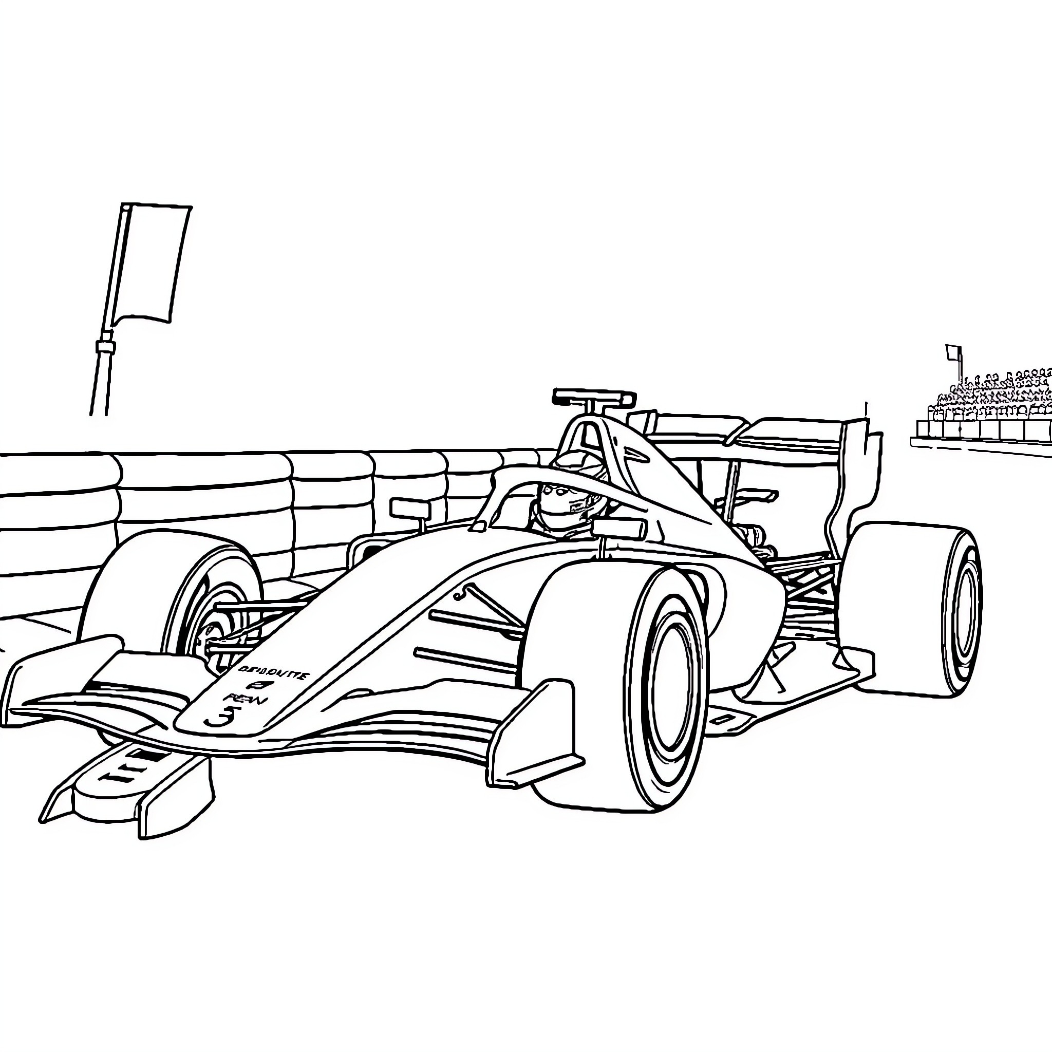 Formule 1 racing car on the track Coloring Page (free black-and-white line drawing printable PDF for all, from beginners to advanced learners, including children, teens, adults, and seniors)