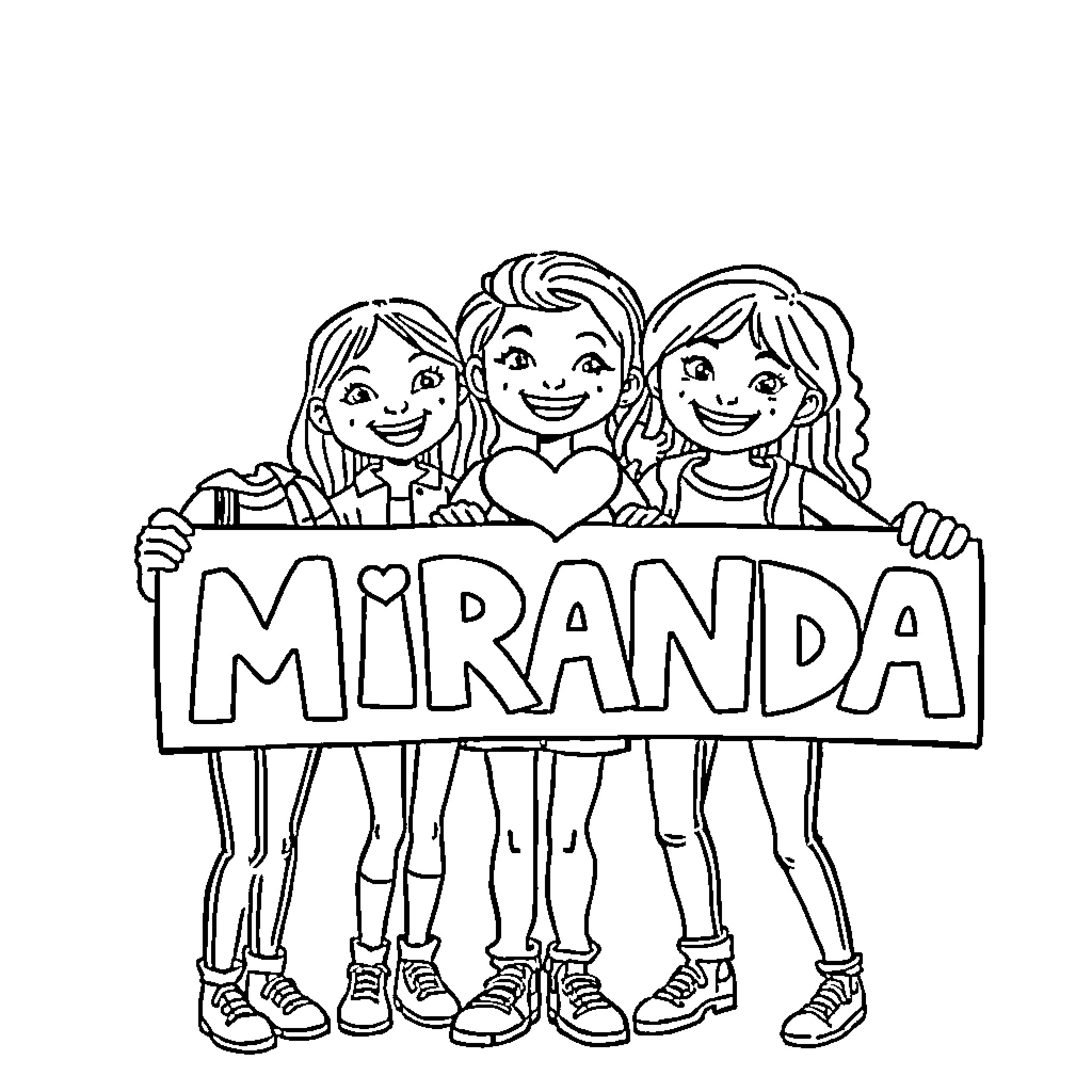 Stray Kids Holding Miranda Banner Happily Coloring Page (free black-and-white line drawing printable PDF for all, from beginners to advanced learners, including children, teens, adults, and seniors)