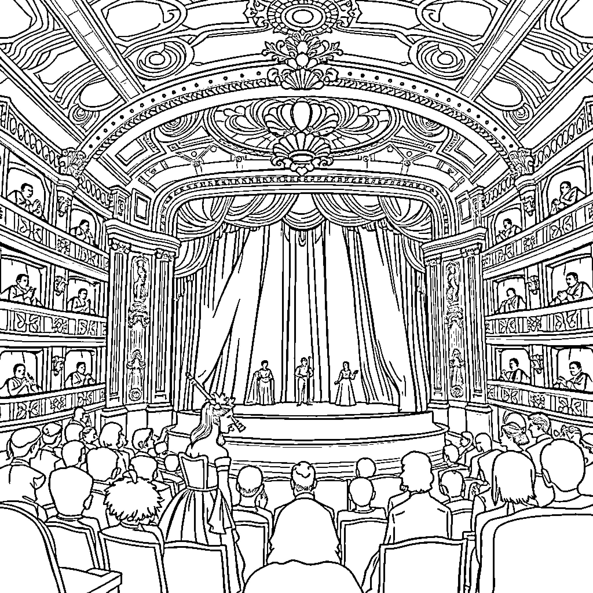 Opera House interior with ornate architecture and audience Coloring Page (free black-and-white line drawing printable PDF for all, from beginners to advanced learners, including children, teens, adults, and seniors)