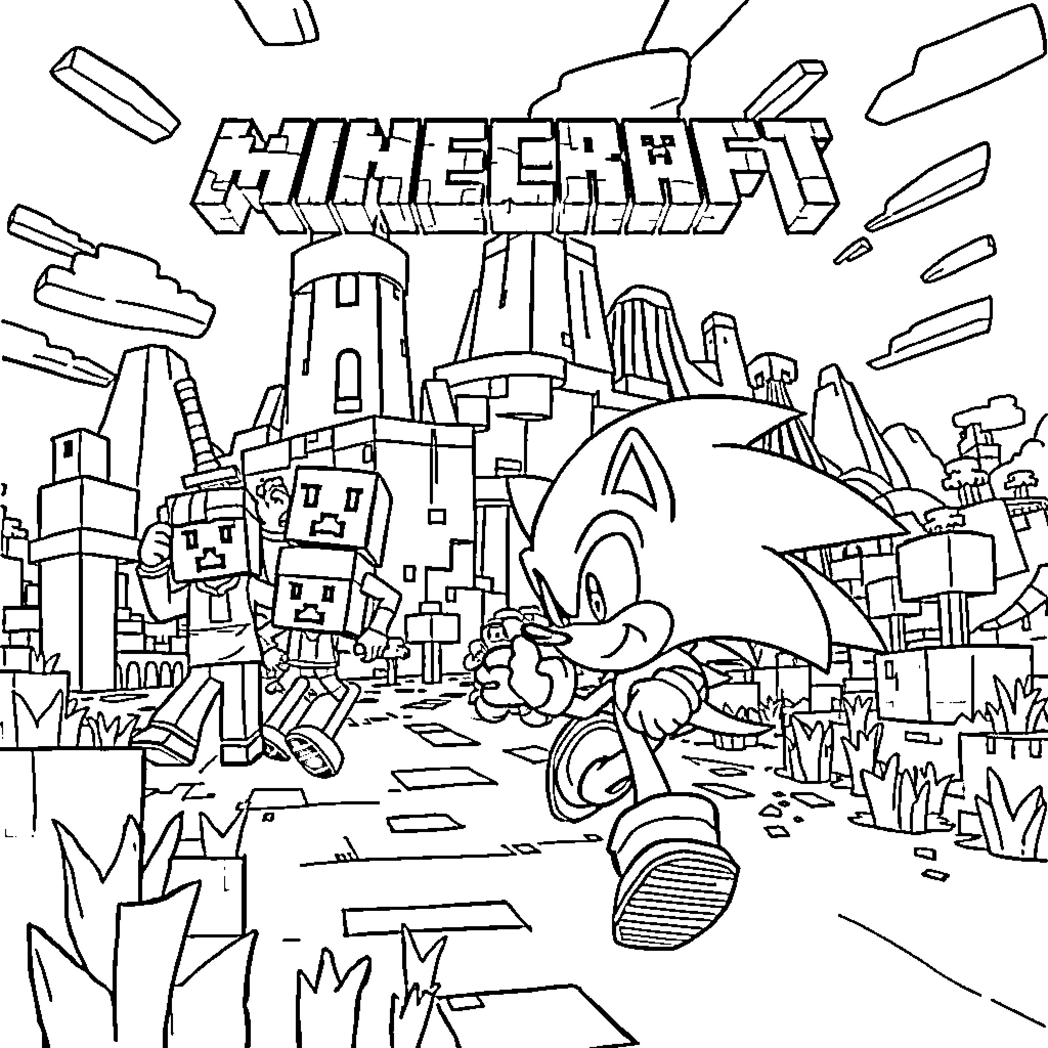 Minecraft characters exploring a blocky world Coloring Page (free black-and-white line drawing printable PDF for all, from beginners to advanced learners, including children, teens, adults, and seniors)