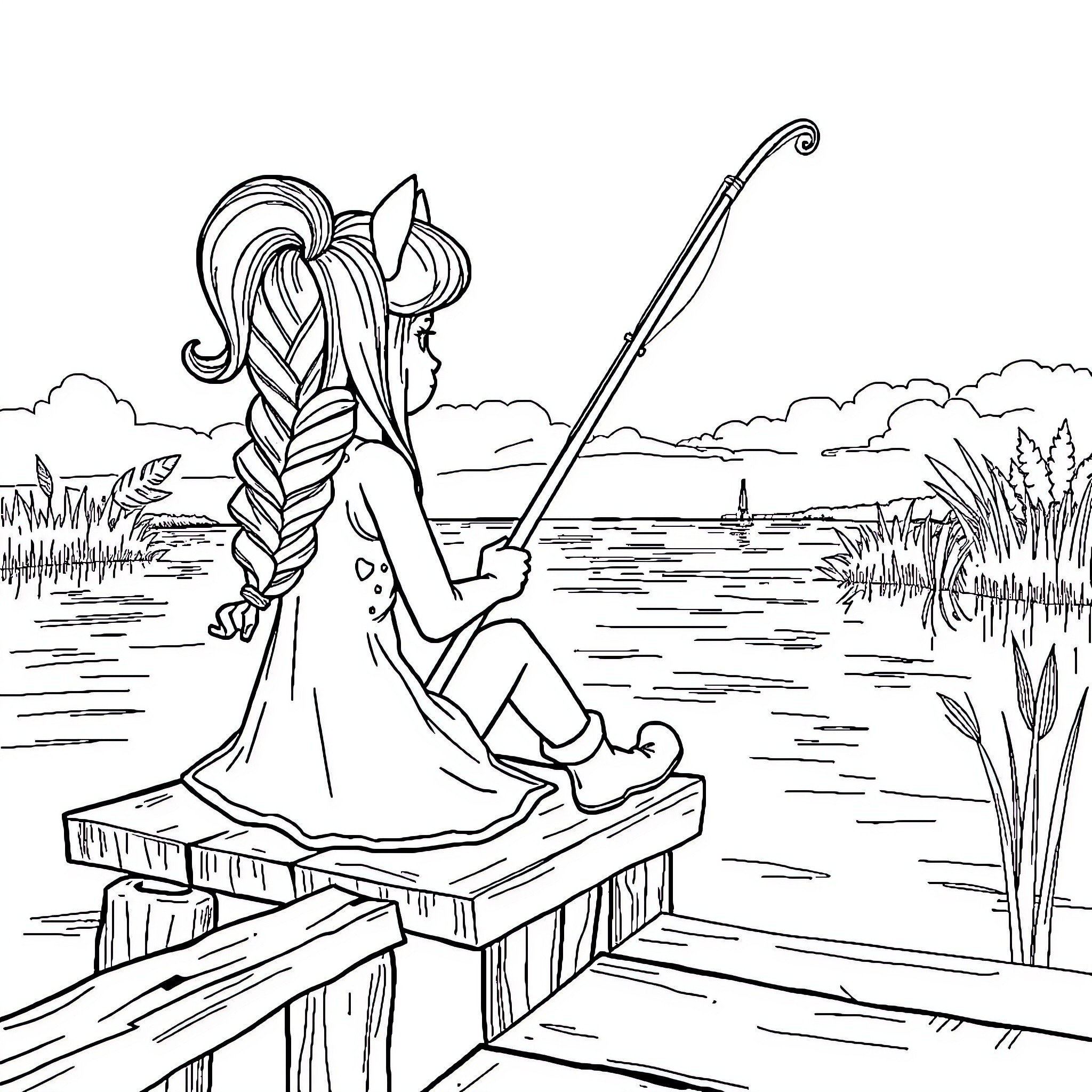 Bonnie enjoying a peaceful day fishing by the lake Coloring Page (free black-and-white line drawing printable PDF for all, from beginners to advanced learners, including children, teens, adults, and seniors)
