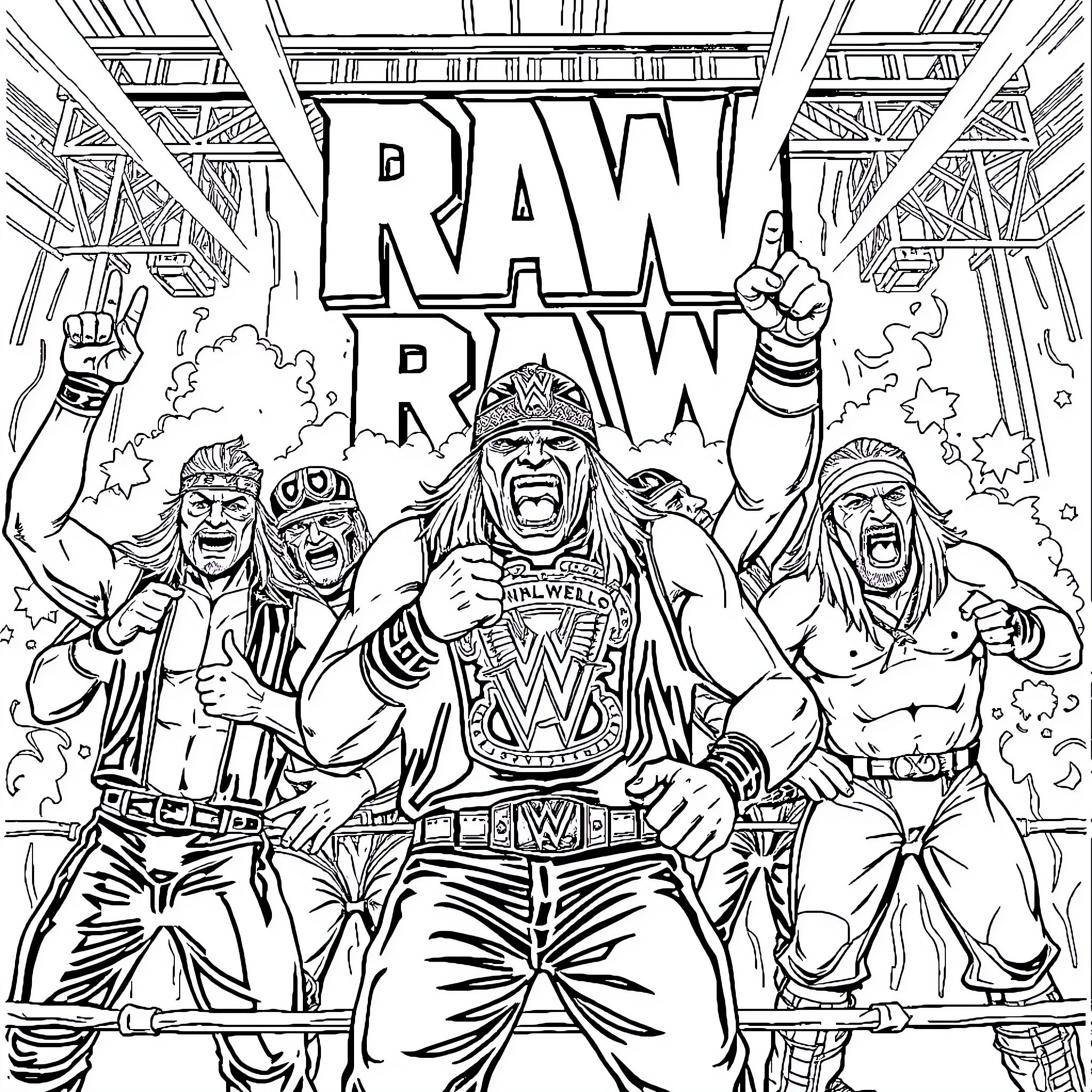 Wolf wrestlers celebrating in the ring Coloring Page (free black-and-white line drawing printable PDF for all, from beginners to advanced learners, including children, teens, adults, and seniors)