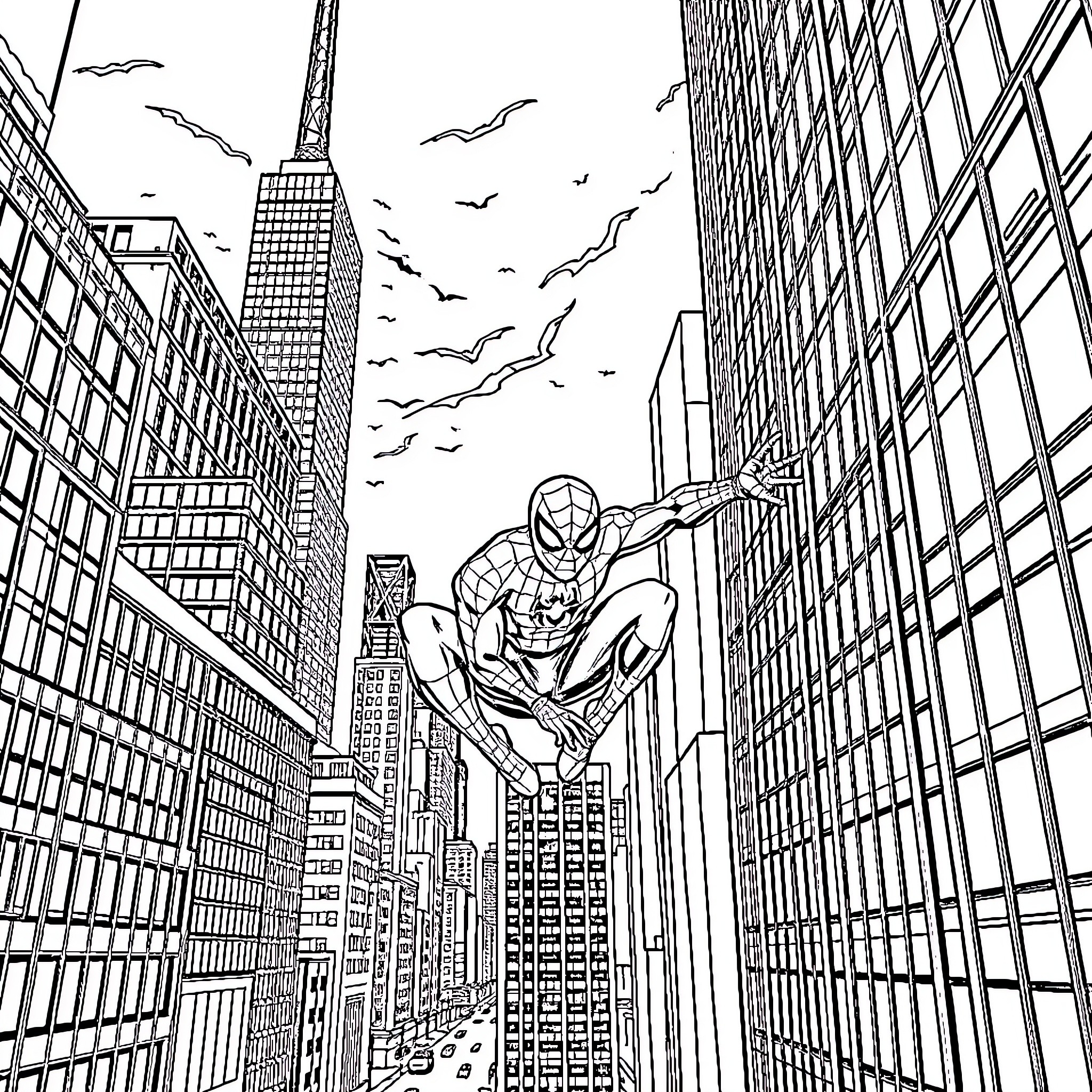 Spiderman swinging through the skyscrapers of the city Coloring Page (free black-and-white line drawing printable PDF for all, from beginners to advanced learners, including children, teens, adults, and seniors)