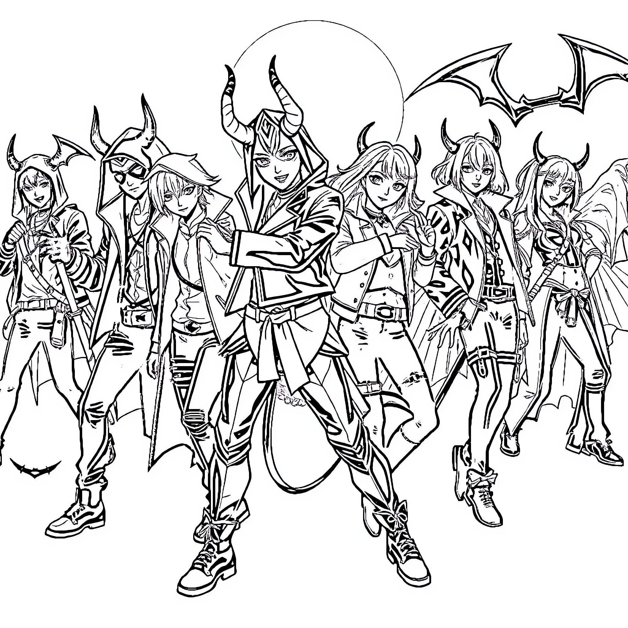 K-POP Demon Hunter Group Poses in Stylized Outfits Coloring Page (free black-and-white line drawing printable PDF for all, from beginners to advanced learners, including children, teens, adults, and seniors)