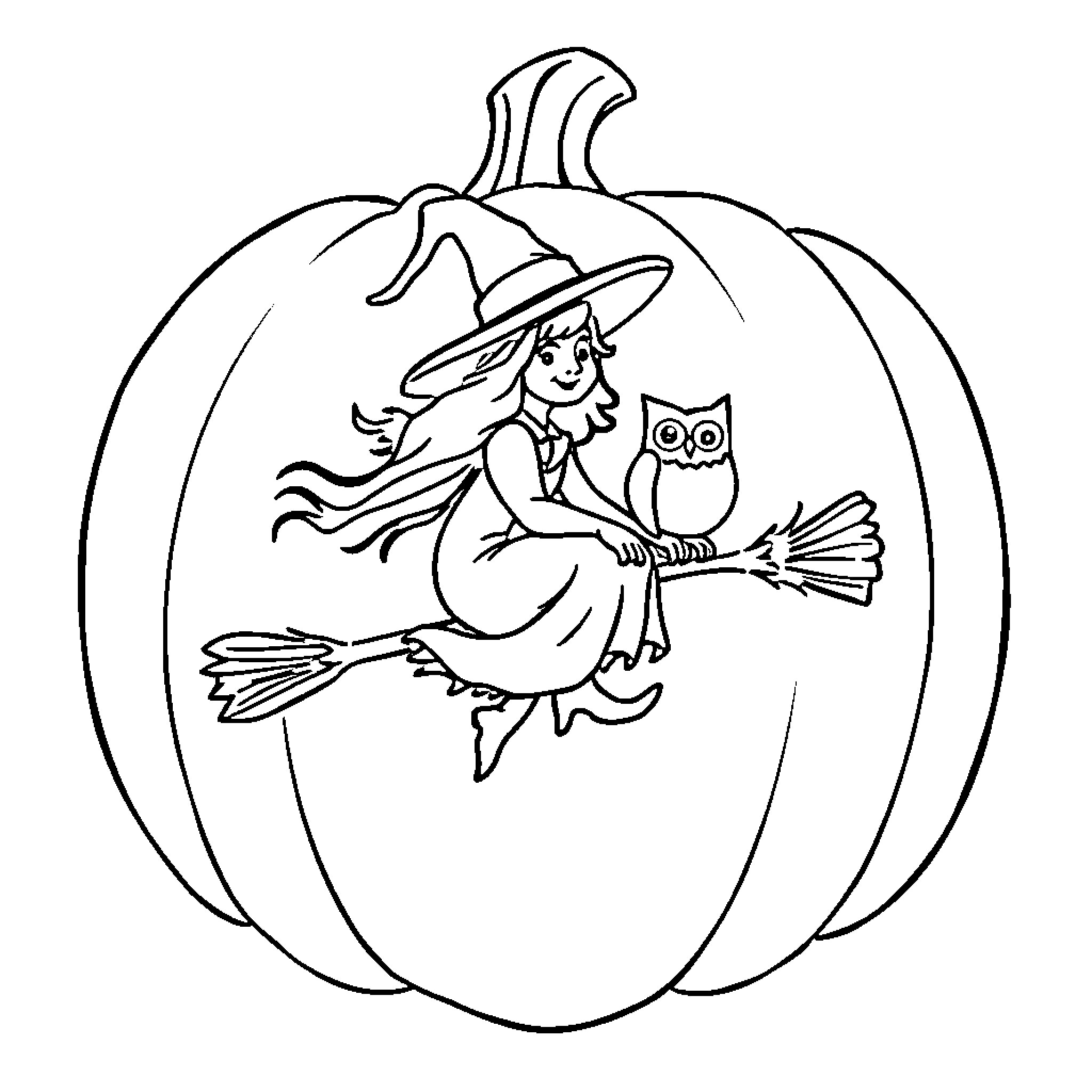 Owl Witch Flying on Broomstick with Owl Coloring Page (free black-and-white line drawing printable PDF for all, from beginners to advanced learners, including children, teens, adults, and seniors)