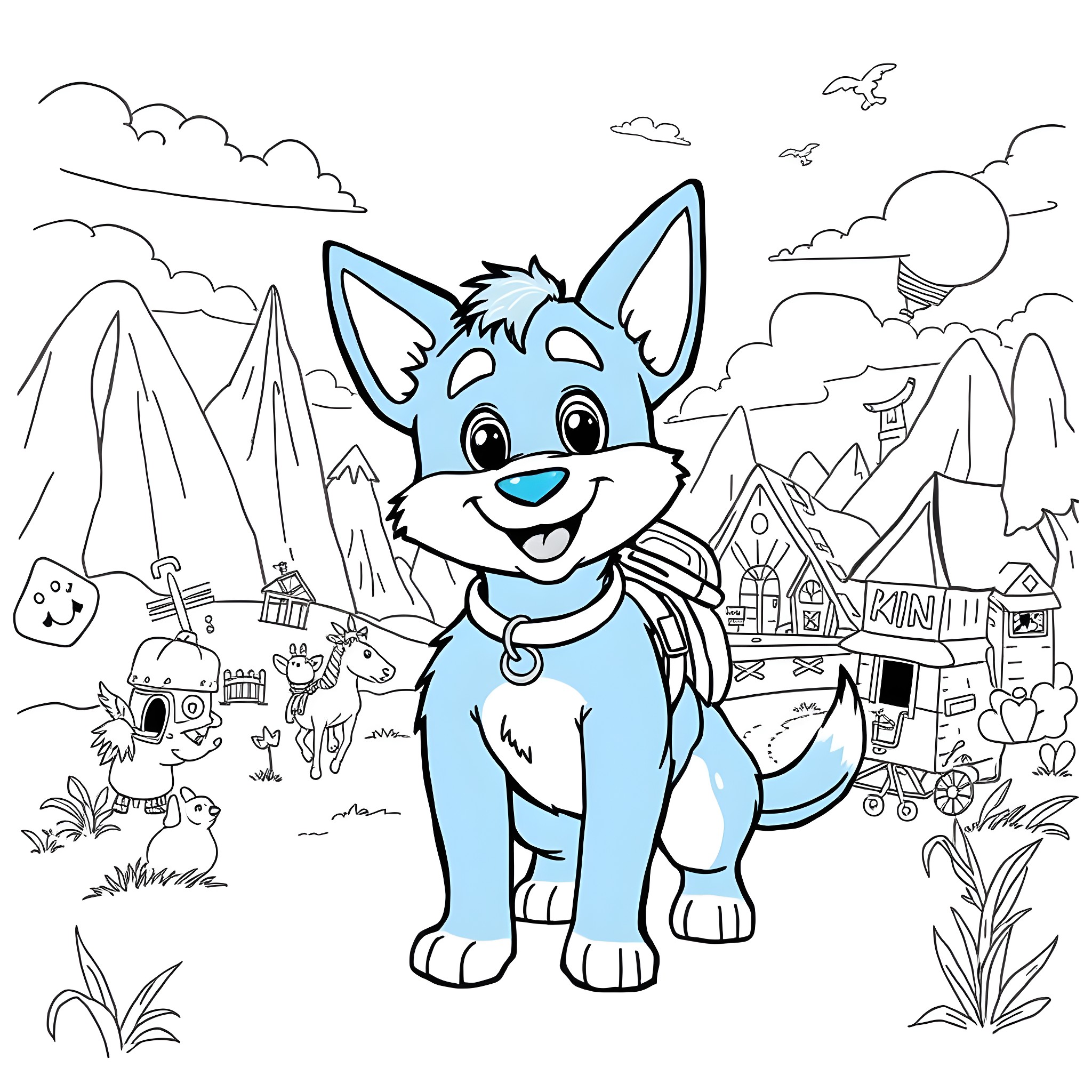Bluey's Outdoor Adventure Coloring Page (free black-and-white line drawing printable PDF for all, from beginners to advanced learners, including children, teens, adults, and seniors)