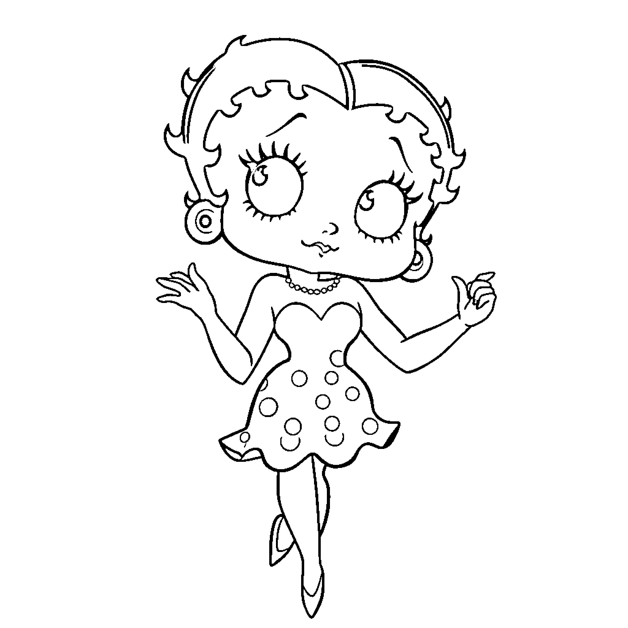 Betty Boop dancing in a polka dot dress Coloring Page (free black-and-white line drawing printable PDF for all, from beginners to advanced learners, including children, teens, adults, and seniors)