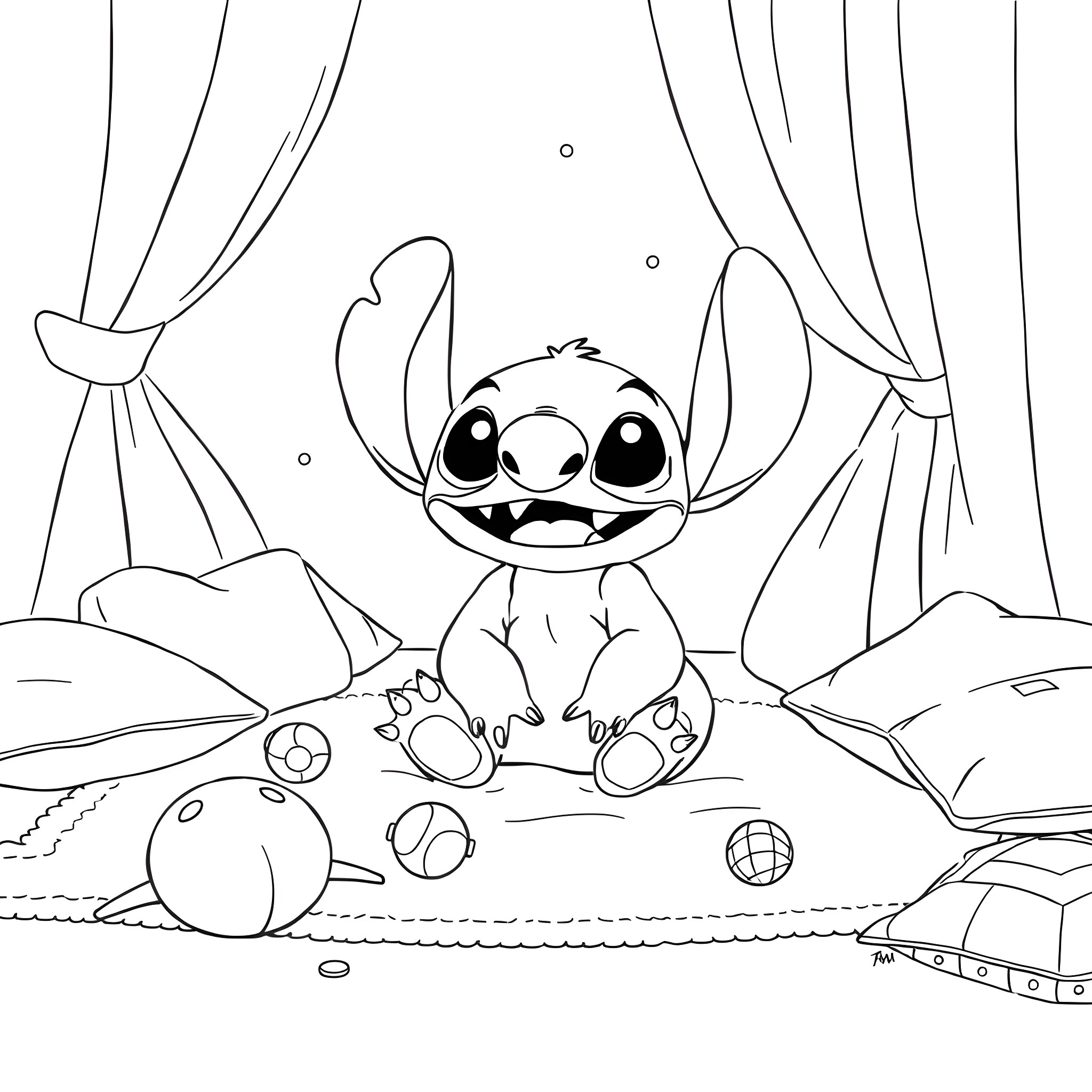 Stitch playing joyfully with toys in a magical space Coloring Page (free black-and-white line drawing printable PDF for all, from beginners to advanced learners, including children, teens, adults, and seniors)