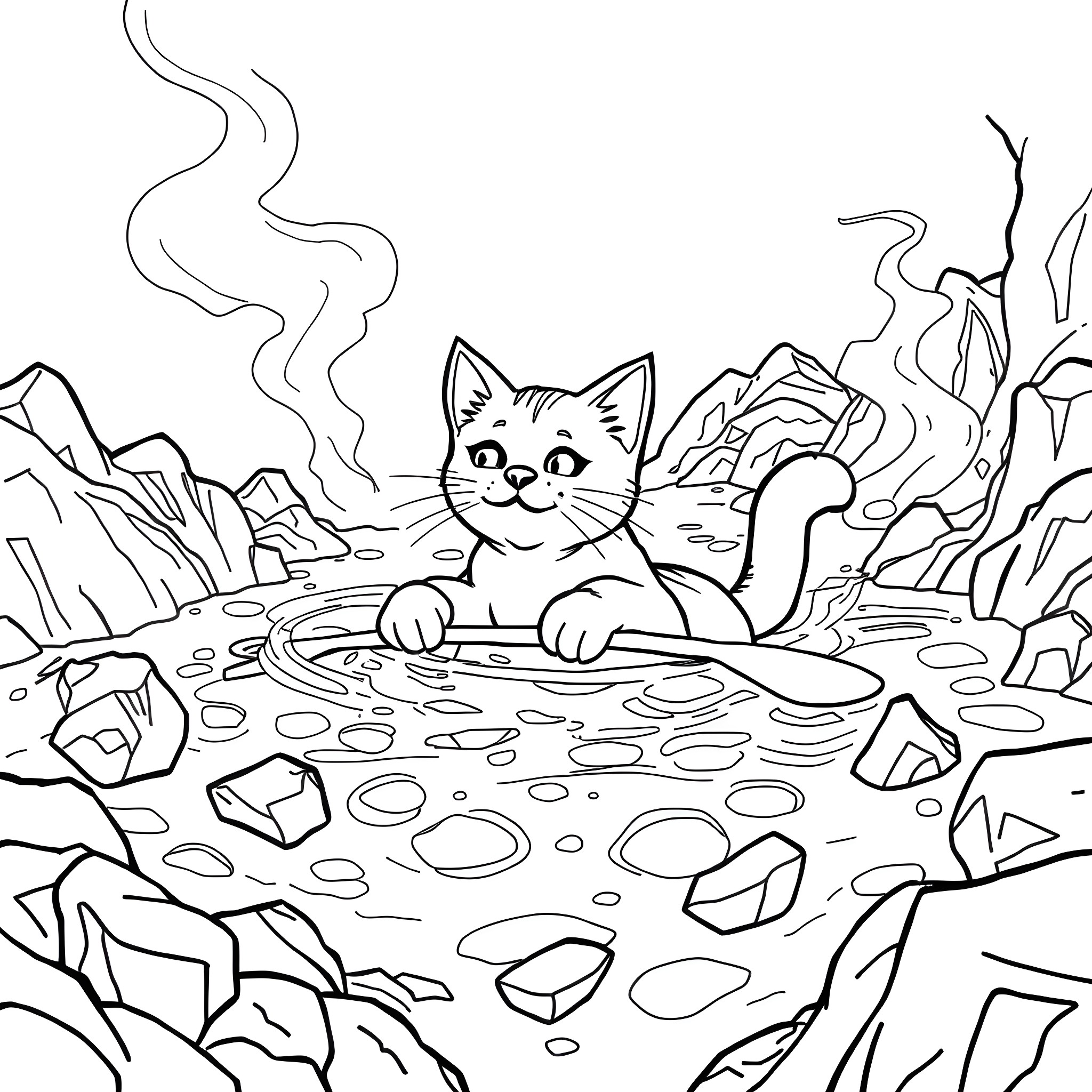 Cat relaxing in a hot spring Coloring Page (free black-and-white line drawing printable PDF for all, from beginners to advanced learners, including children, teens, adults, and seniors)