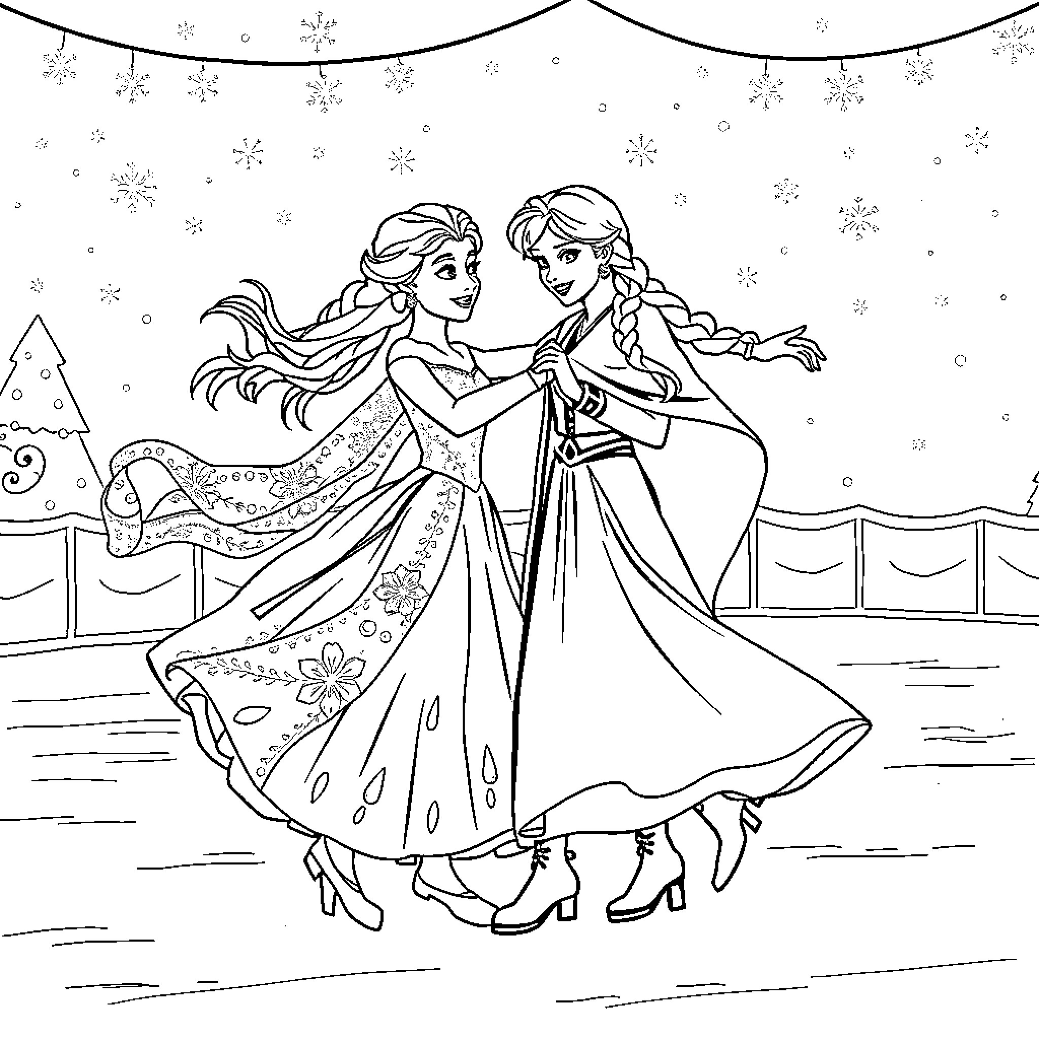 Elsa and Anna dancing in winter wonderland Coloring Page (free black-and-white line drawing printable PDF for all, from beginners to advanced learners, including children, teens, adults, and seniors)