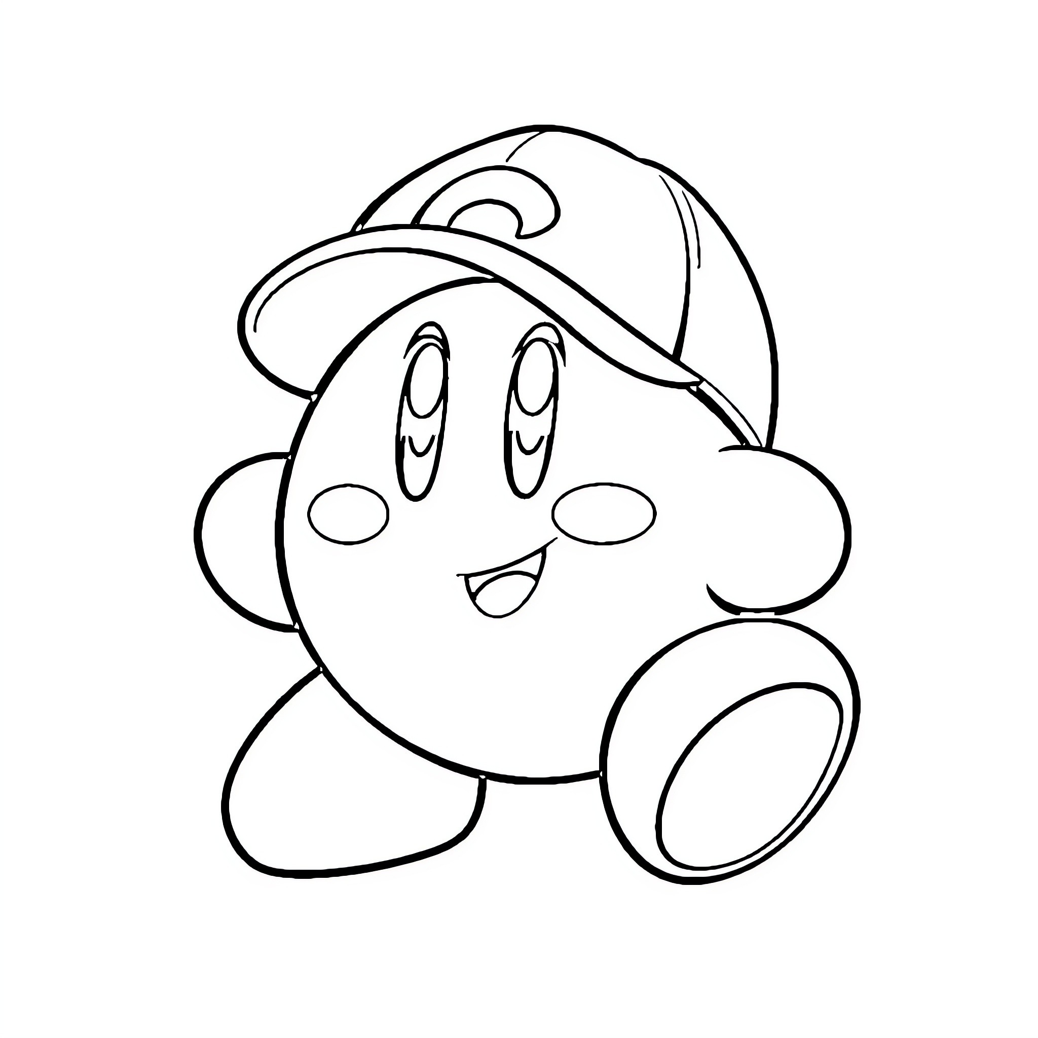 Kirby happily wearing a hat Coloring Page (free black-and-white line drawing printable PDF for all, from beginners to advanced learners, including children, teens, adults, and seniors)