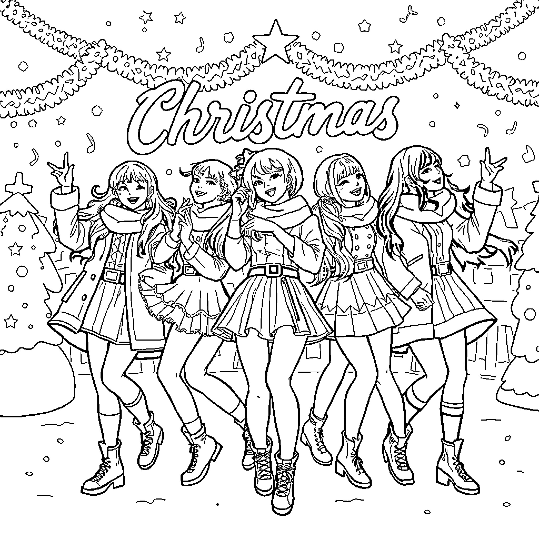 K Pop Warrior Girls Celebrate Christmas with Festive Cheer Coloring Page (free black-and-white line drawing printable PDF for all, from beginners to advanced learners, including children, teens, adults, and seniors)