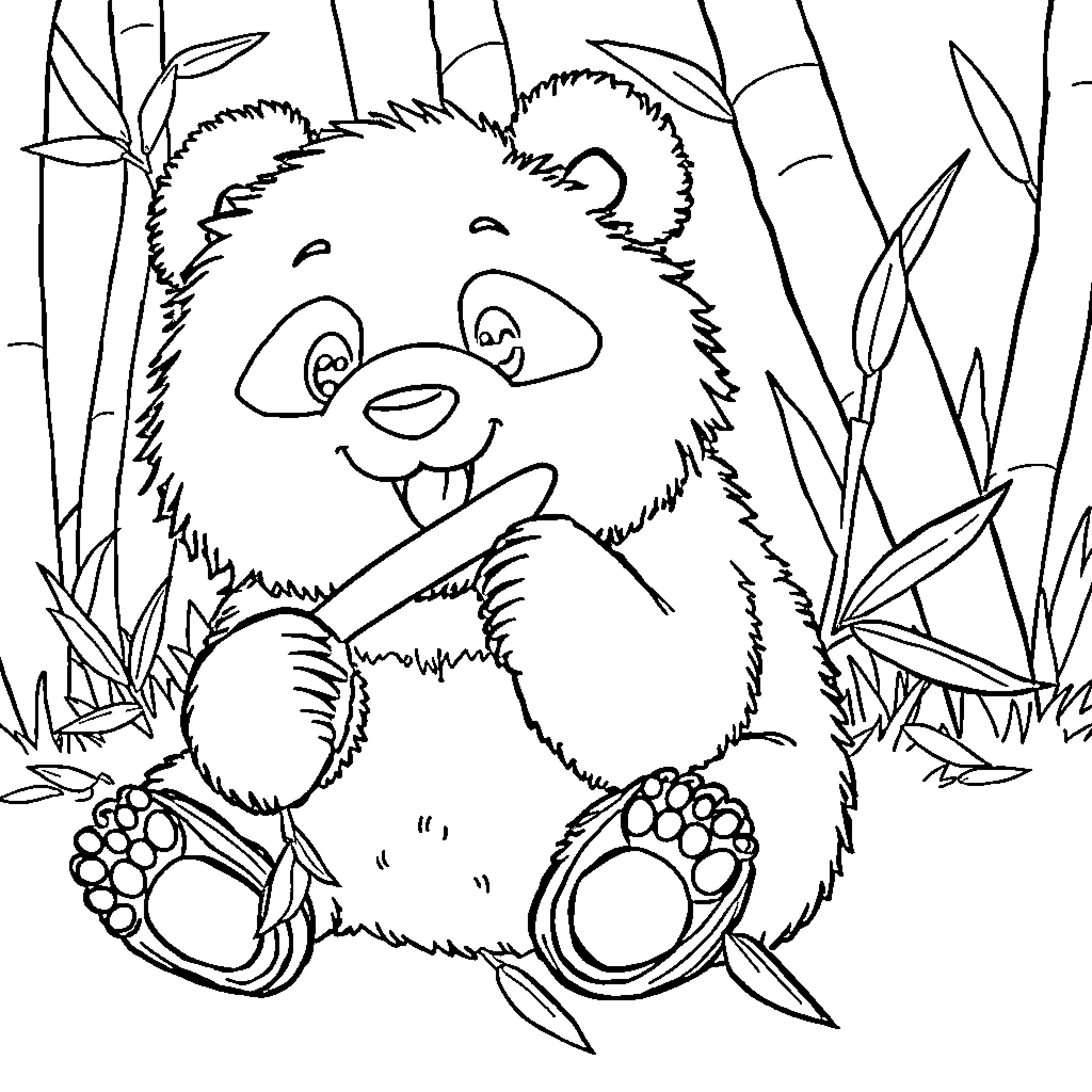 Panda enjoying bamboo in the forest Coloring Page (free black-and-white line drawing printable PDF for all, from beginners to advanced learners, including children, teens, adults, and seniors)