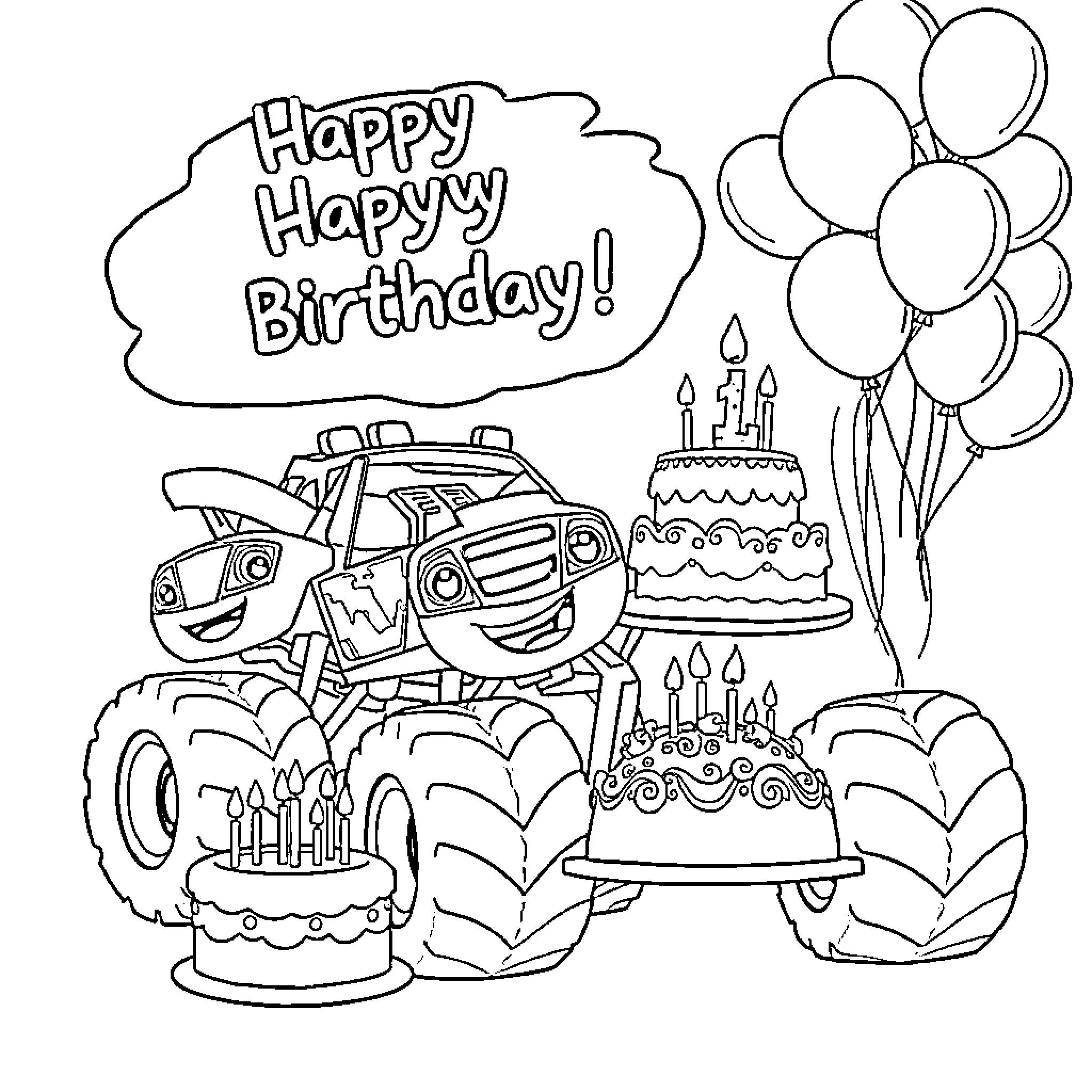 Blaze's Happy Birthday Celebration Coloring Page (free black-and-white line drawing printable PDF for all, from beginners to advanced learners, including children, teens, adults, and seniors)