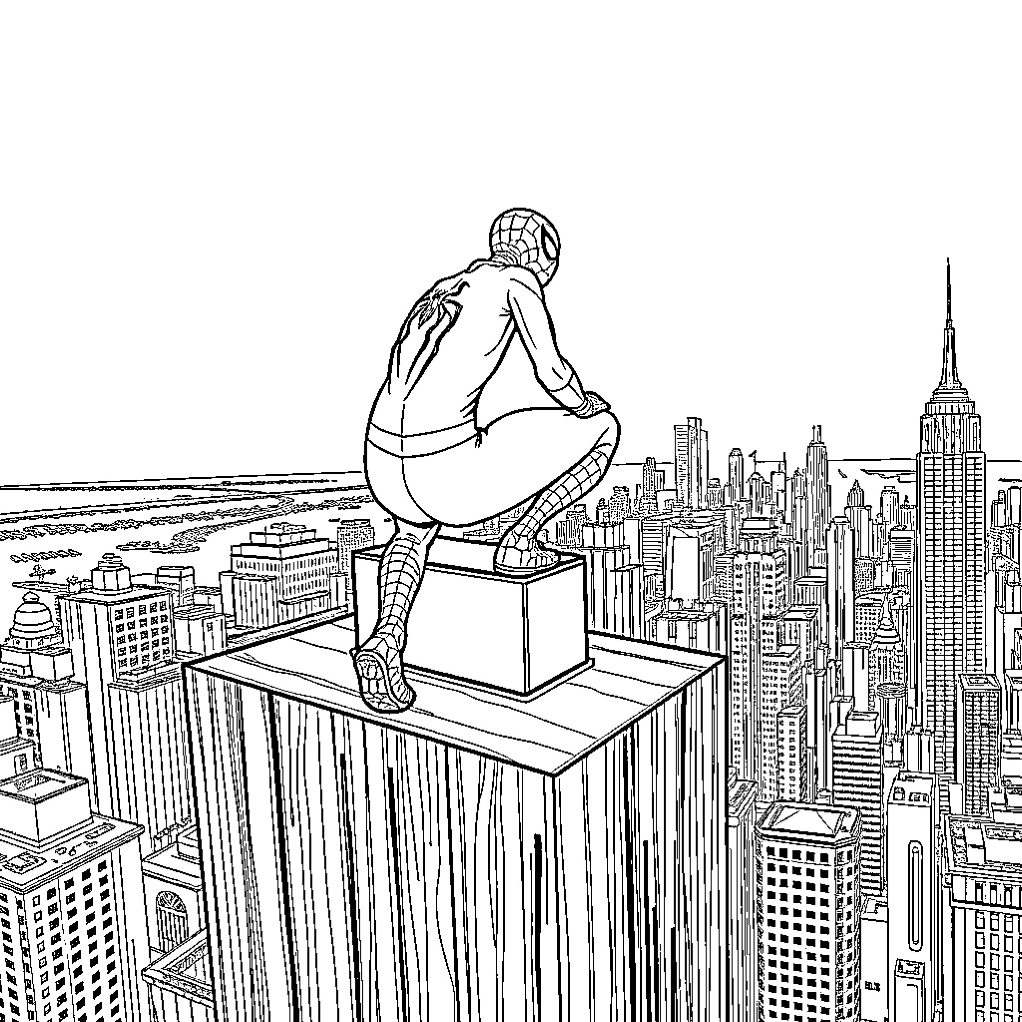 Spiderman crouching on a skyscraper overlooking the city Coloring Page (free black-and-white line drawing printable PDF for all, from beginners to advanced learners, including children, teens, adults, and seniors)