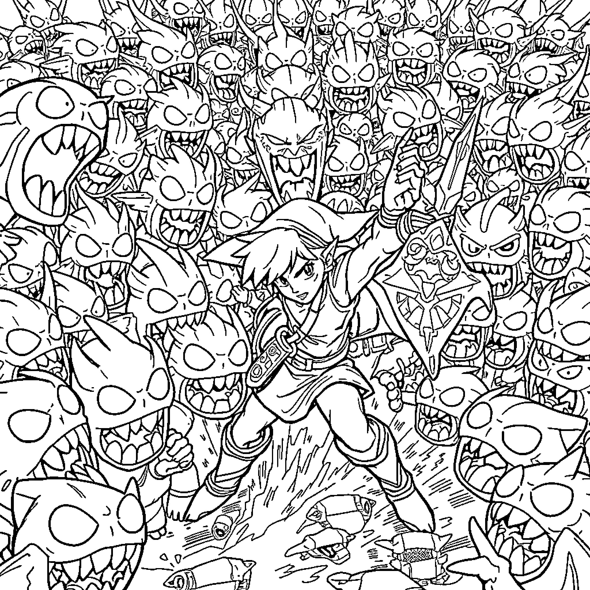 Link battling a horde of monstrous creatures Coloring Page (free black-and-white line drawing printable PDF for all, from beginners to advanced learners, including children, teens, adults, and seniors)