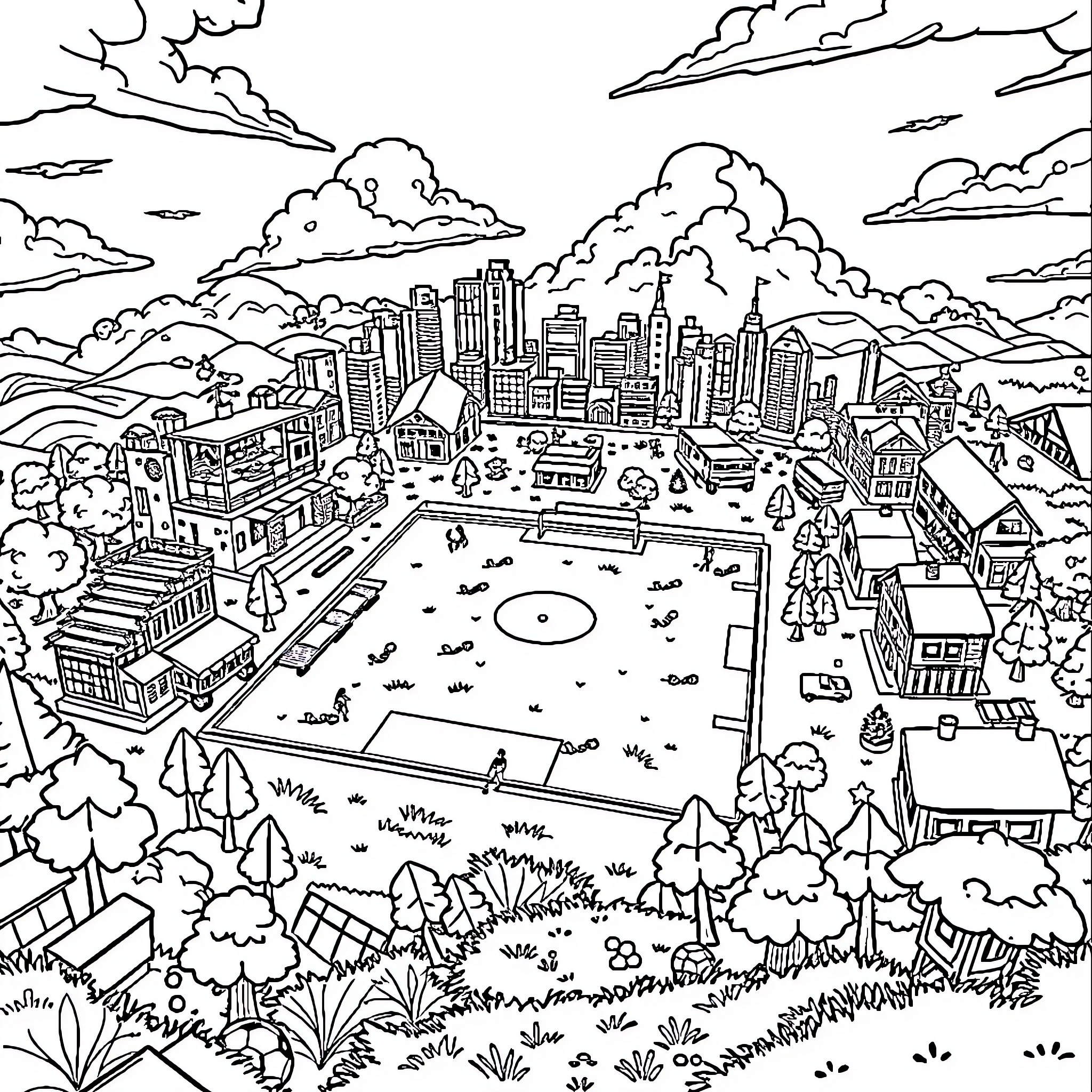 Fortnite Vibrant City Landscape with Cityscape and Nature Coloring Page (free black-and-white line drawing printable PDF for all, from beginners to advanced learners, including children, teens, adults, and seniors)