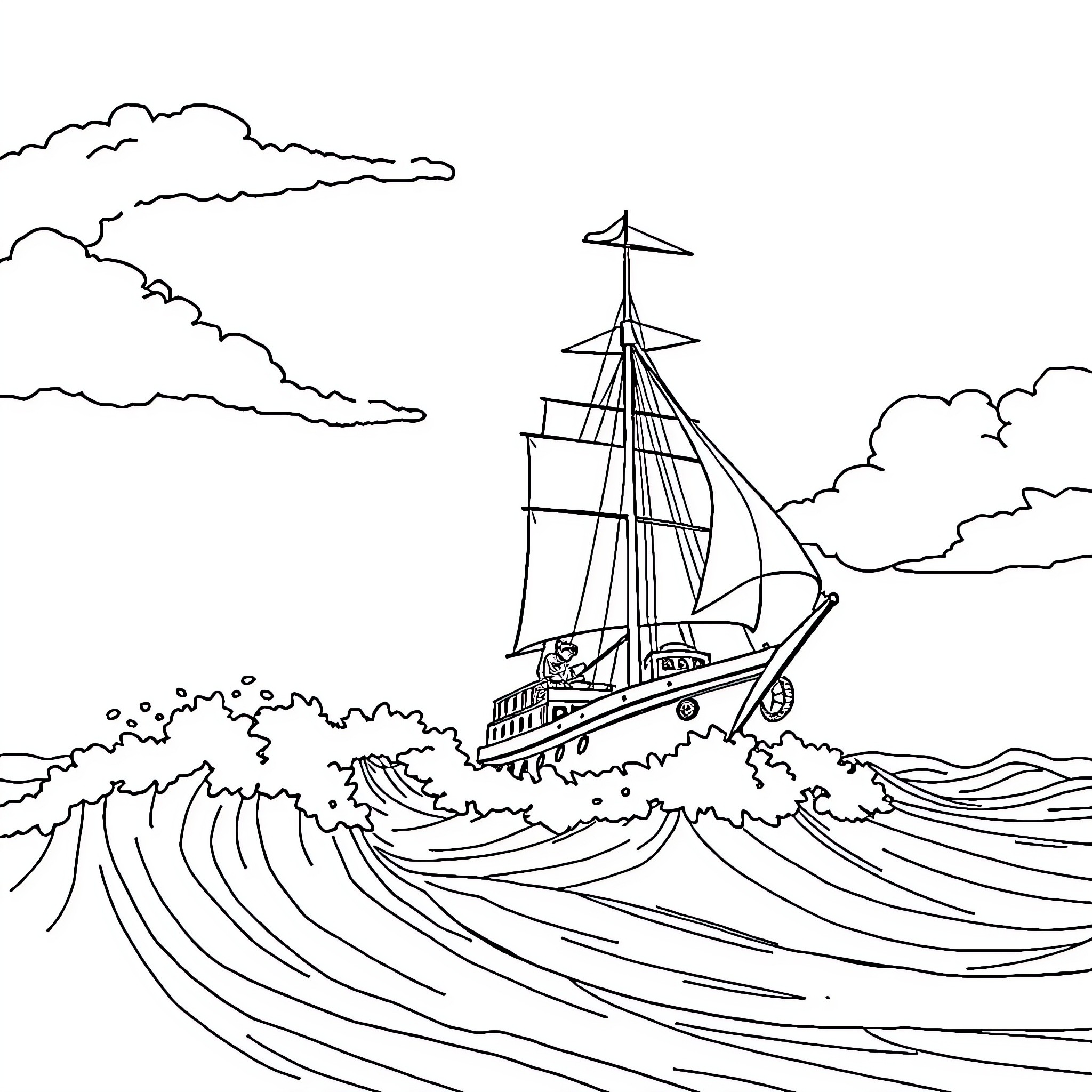 Marin's Sailing Adventure Through Stormy Seas Coloring Page (free black-and-white line drawing printable PDF for all, from beginners to advanced learners, including children, teens, adults, and seniors)
