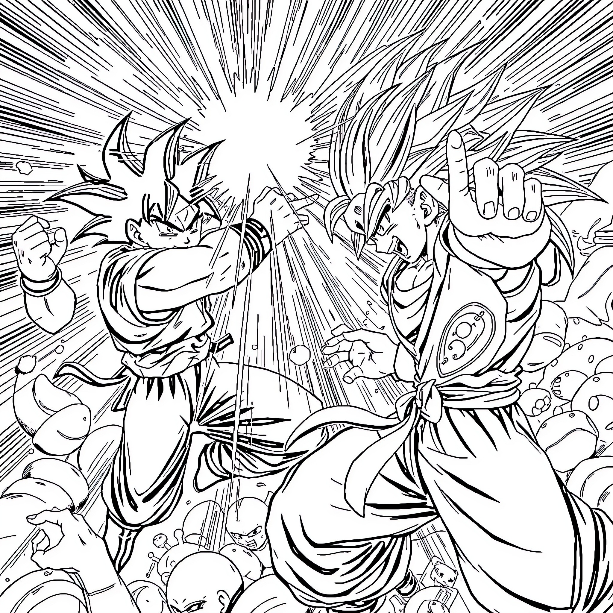 Dragonball Explosive Battle Clash Coloring Page (free black-and-white line drawing printable PDF for all, from beginners to advanced learners, including children, teens, adults, and seniors)
