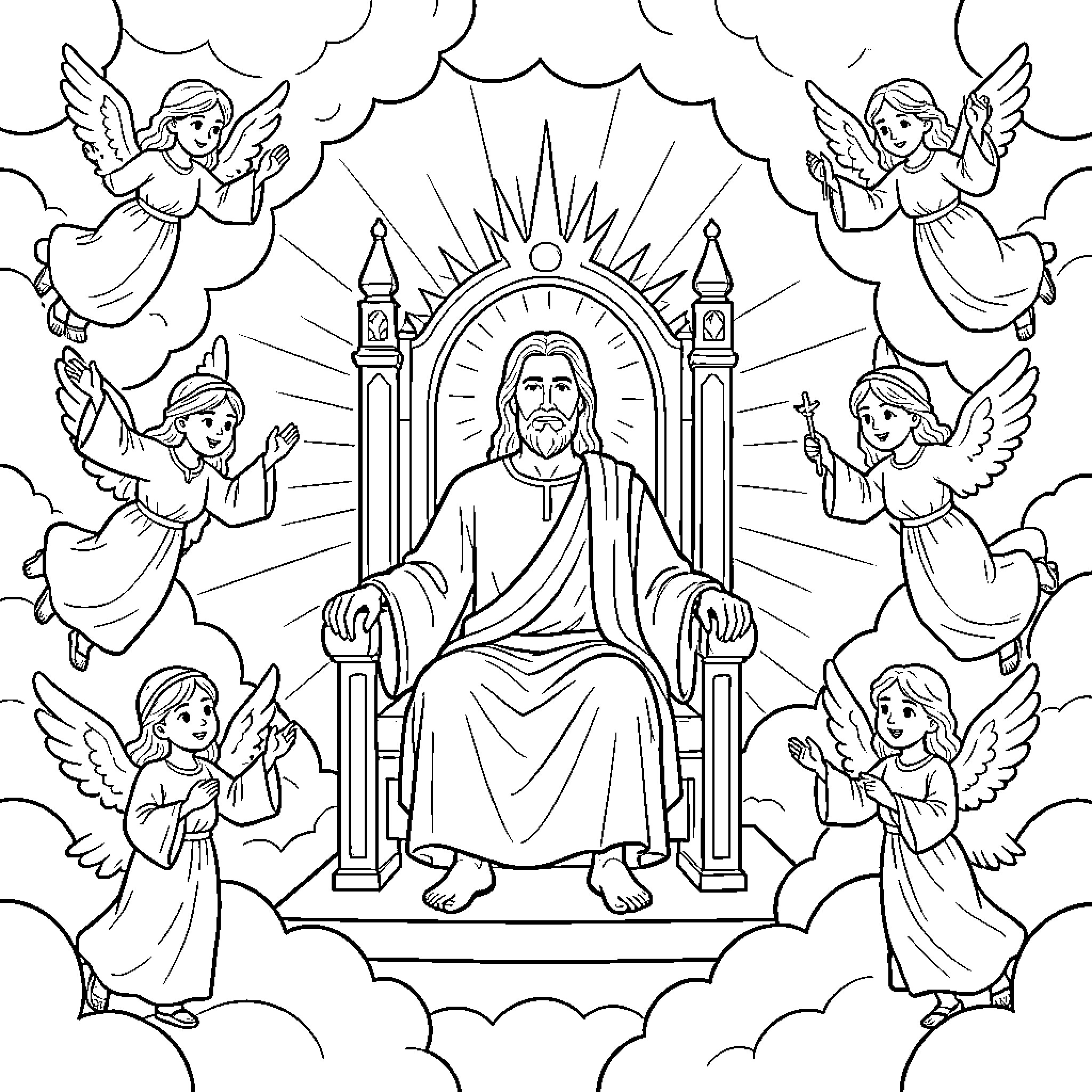 Jesus seated on throne with adoring angels Coloring Page (free black-and-white line drawing printable PDF for all, from beginners to advanced learners, including children, teens, adults, and seniors)
