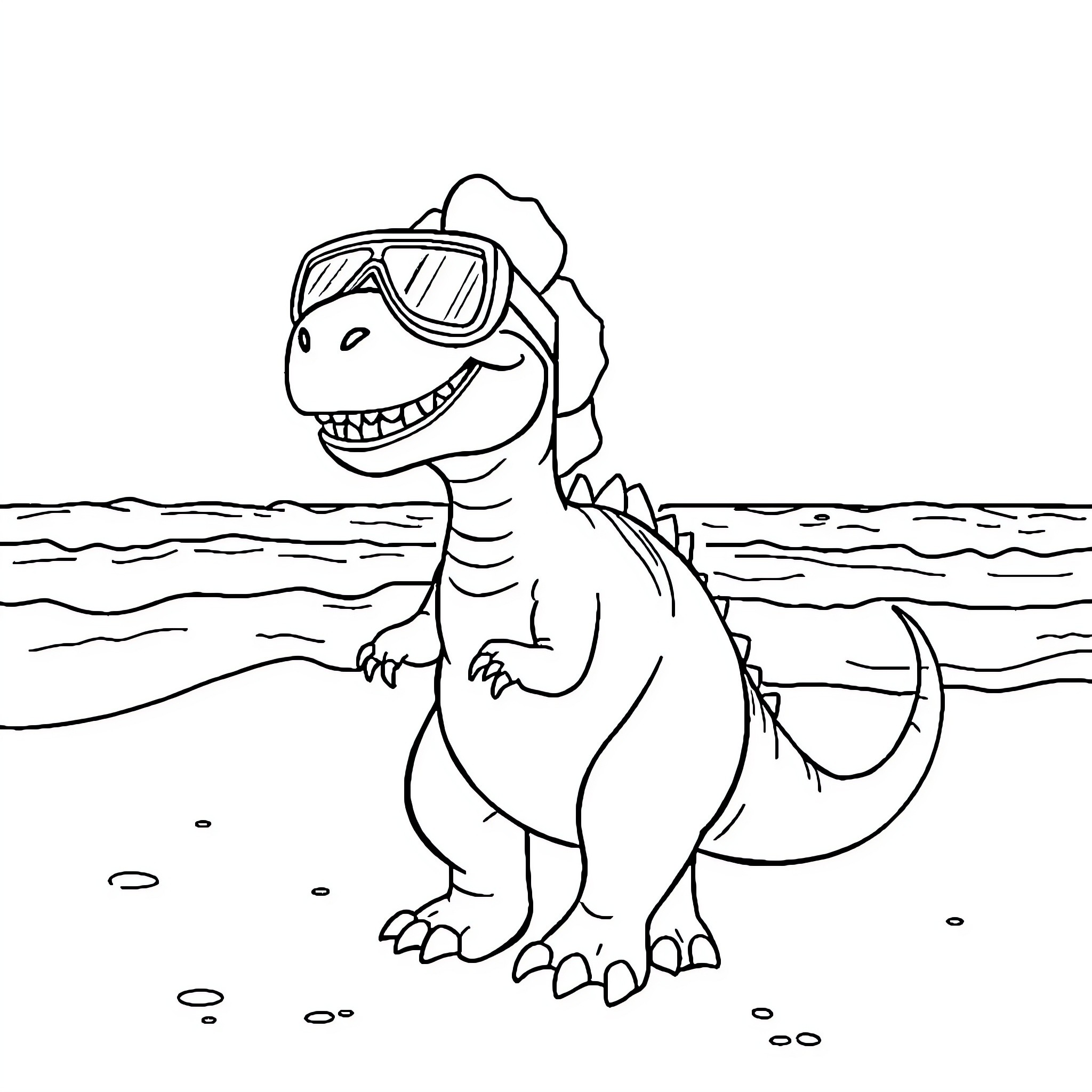 Dinosaur wearing sunglasses relaxing at the beach Coloring Page (free black-and-white line drawing printable PDF for all, from beginners to advanced learners, including children, teens, adults, and seniors)