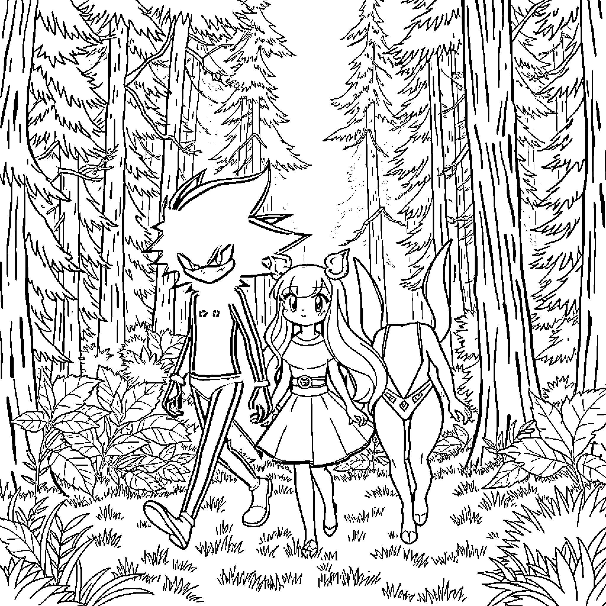 Shadow of Anime Characters in the Forest Coloring Page (free black-and-white line drawing printable PDF for all, from beginners to advanced learners, including children, teens, adults, and seniors)